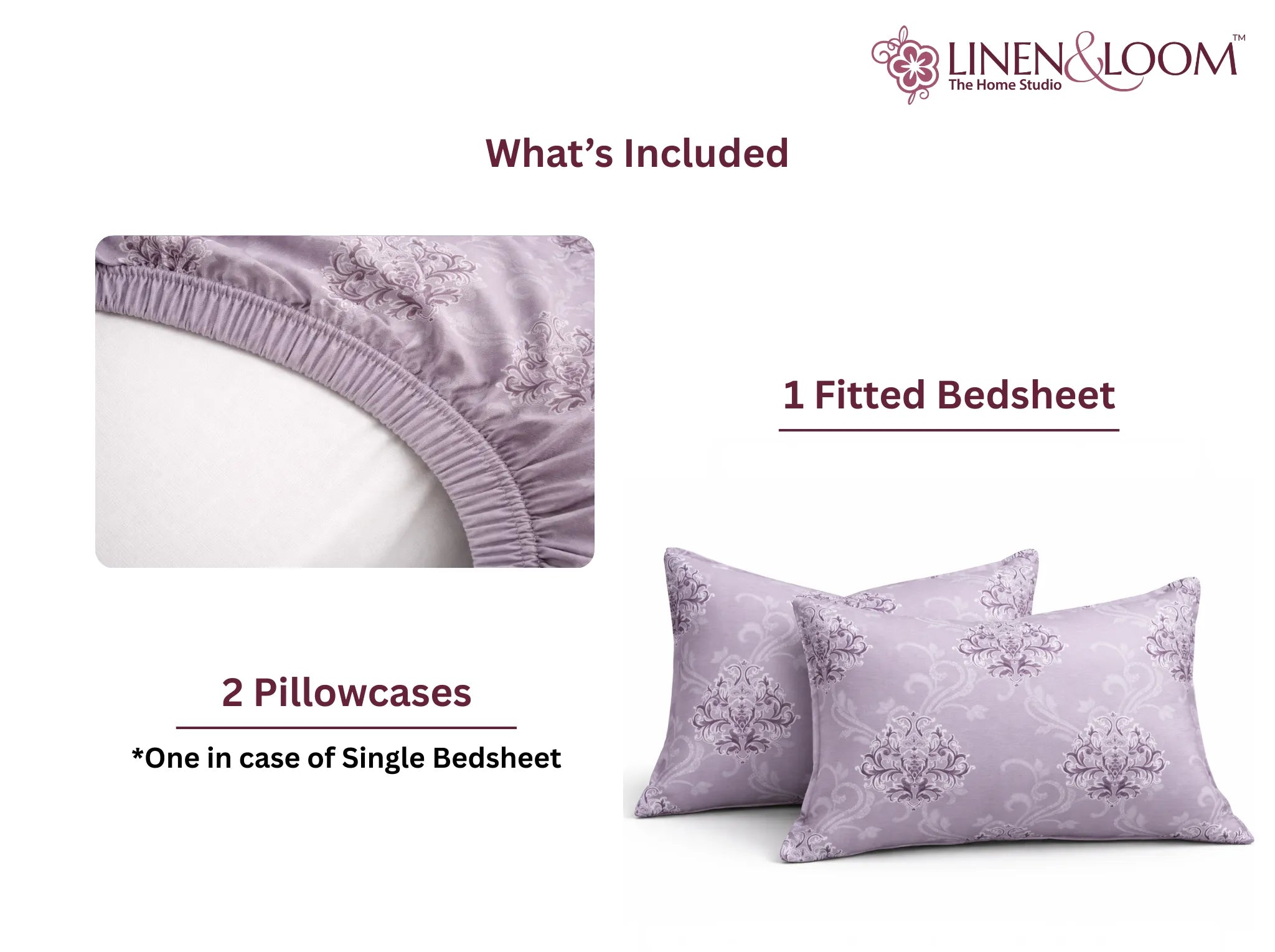 Lavender Damask - Linen & Loom Pure Comfort Series 360° Elastic Fitted Bedsheet | Soft and Comfortable Bed Linen Set for a Cozy Bedroom | 200 TC | King Size 72x78 inches + 9 inches