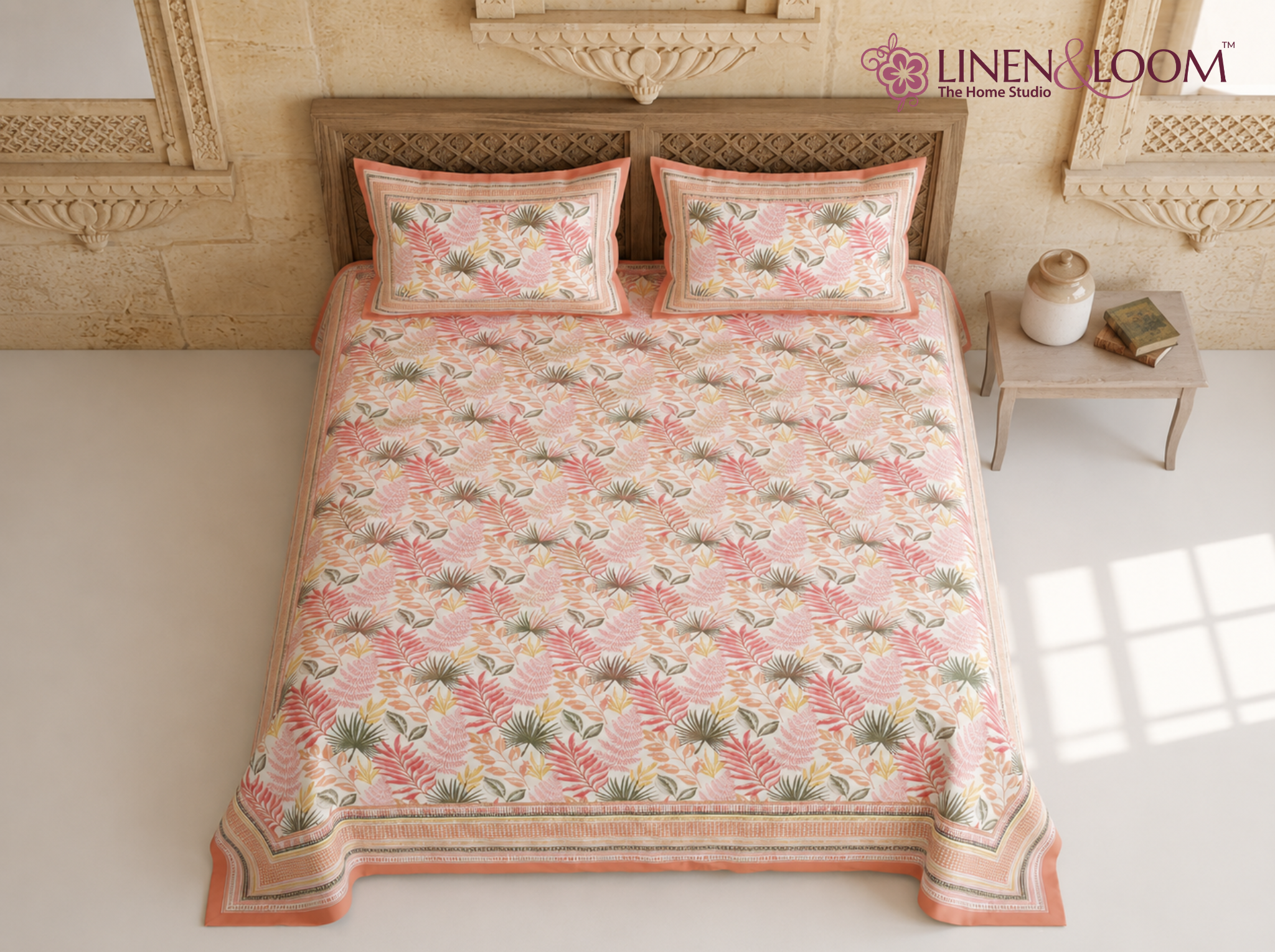 Virasat Bloom-Orange — Linen & Loom Jaipur Heritage Super King Size (108 x 108 inches) 100% Pure Cotton Bedsheet with 2 Pillow Covers | Soft & Breathable Bed Cover for Home Decor | 240 TC