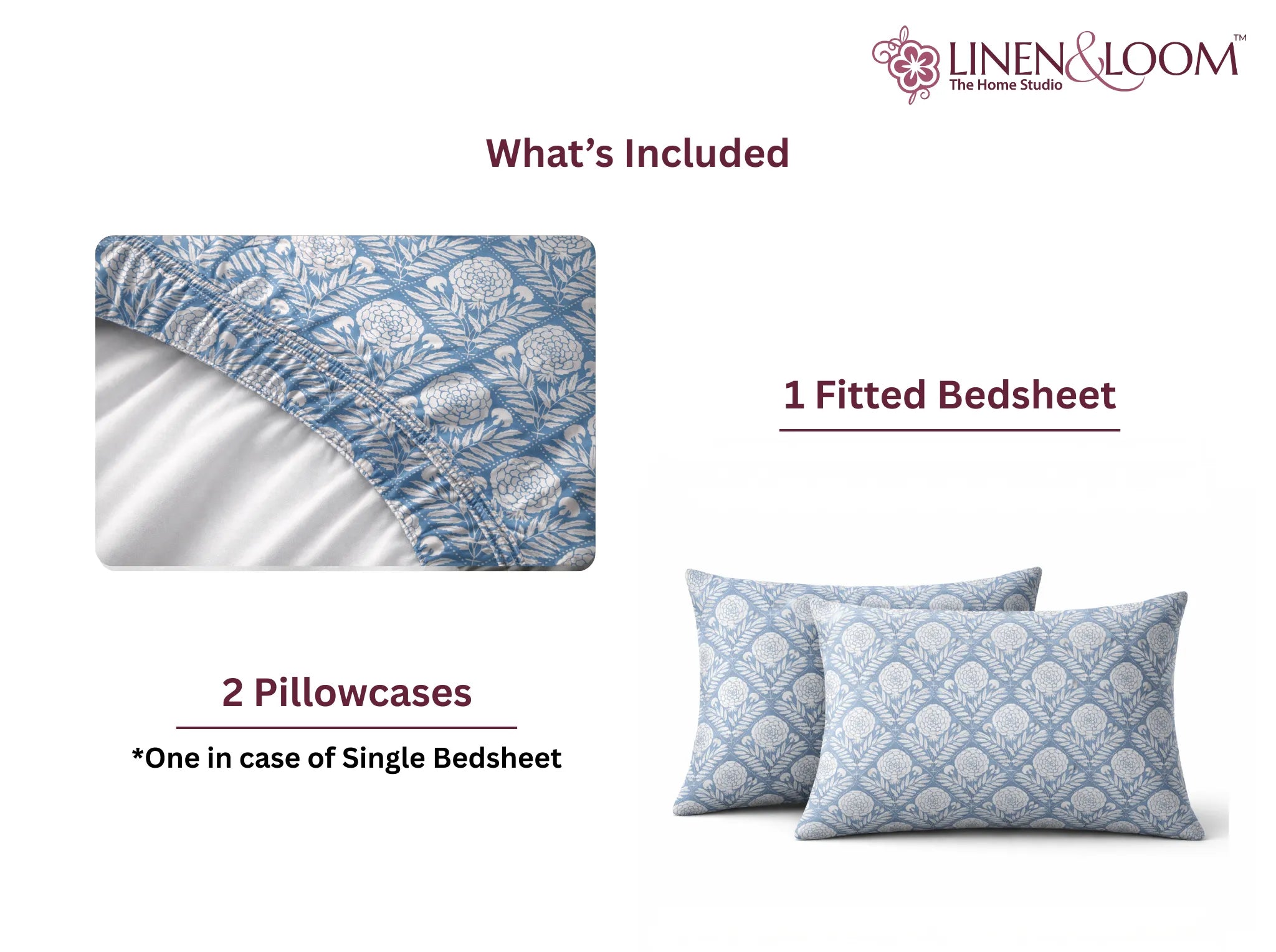 Ivory Indigo - Linen & Loom Pure Comfort Series 360° Elastic Fitted Bedsheet | Soft and Comfortable Bed Linen Set for a Cozy Bedroom | 200 TC | King Size 72x78 inches + 9 inches