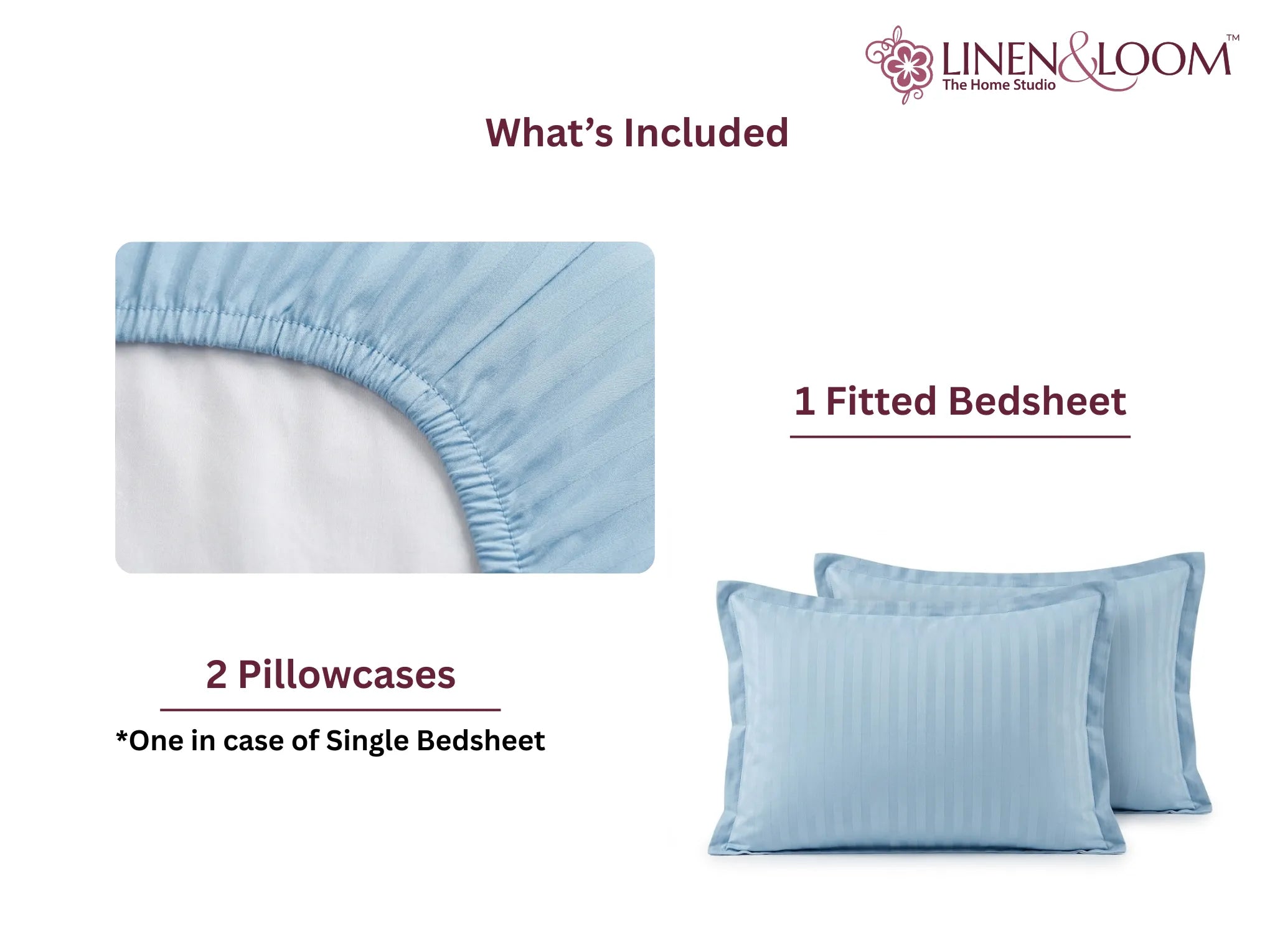 Light Blue - Linen & Loom Elegance King Size 360° Fitted (72X78 + 9 inches) Elasticated Bedsheet | Elegant Satin Stripes | No-Slip Design | Snug, Secure Grip | Fits Upto 8 Inch Mattress | 200 TC