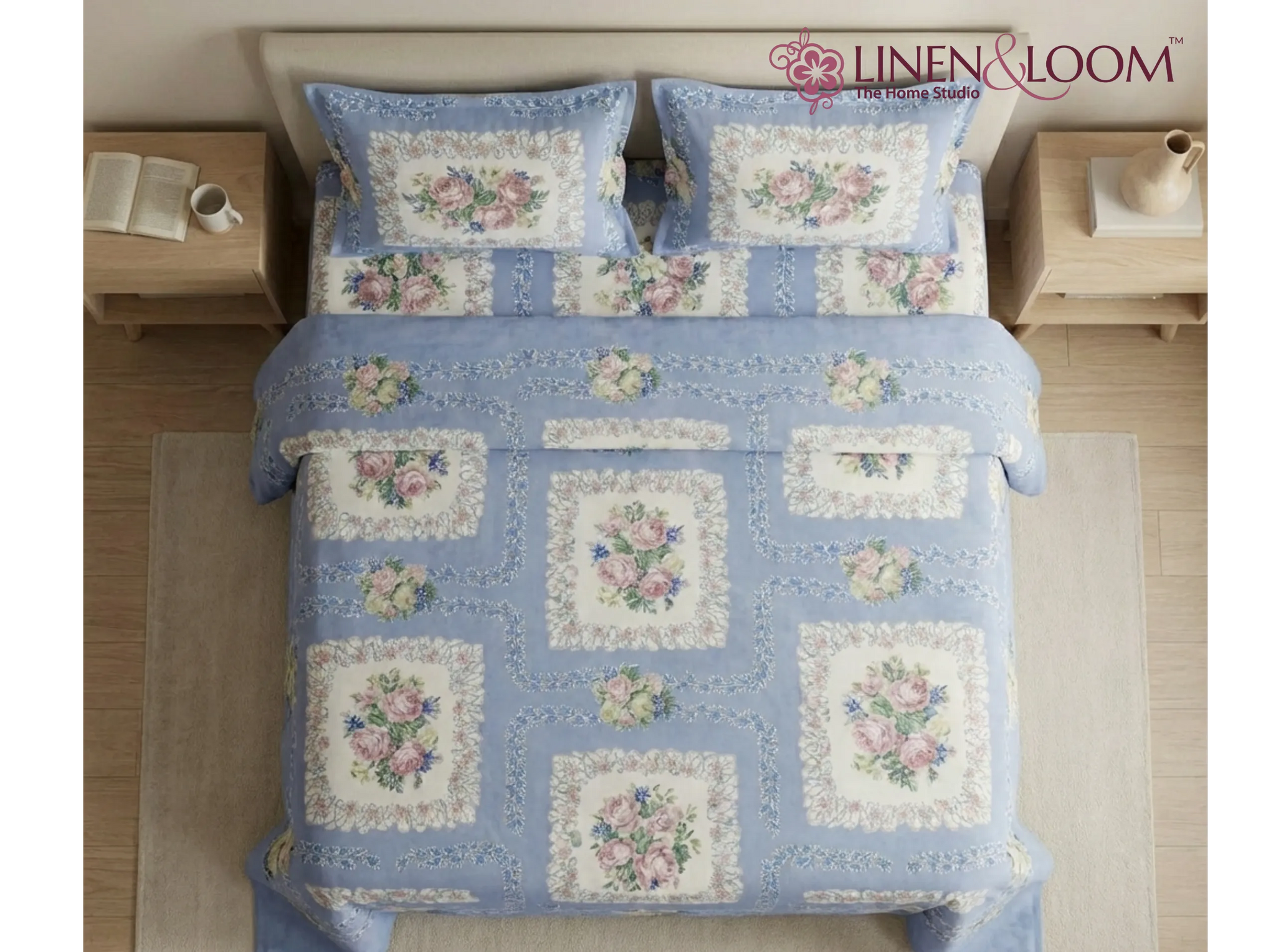 English Rose Lavender - Linen & Loom Natural Collection - Super King (100x108) 100% Pure Cotton Bedsheet with 2 Pillow Covers | Soft Breathable Bedspread for Home Decor | TC 240