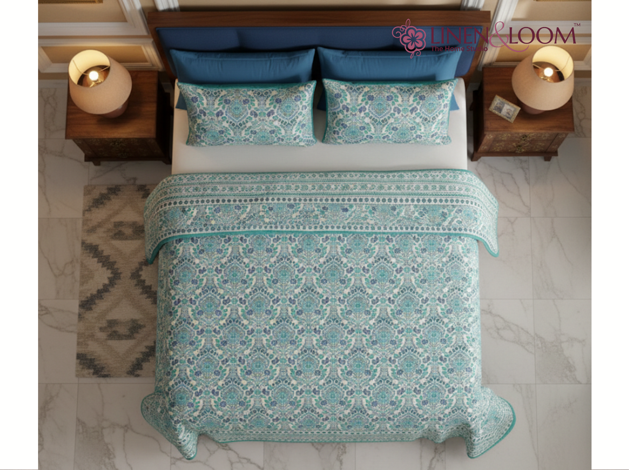 Shahi Heritage- Blue — Linen & Loom Jaipur Heritage Super King Size (108 x 108 inches) 100% Pure Cotton Bedsheet with 2 Pillow Covers | Soft & Breathable Bed Cover for Home Decor | 240 TC