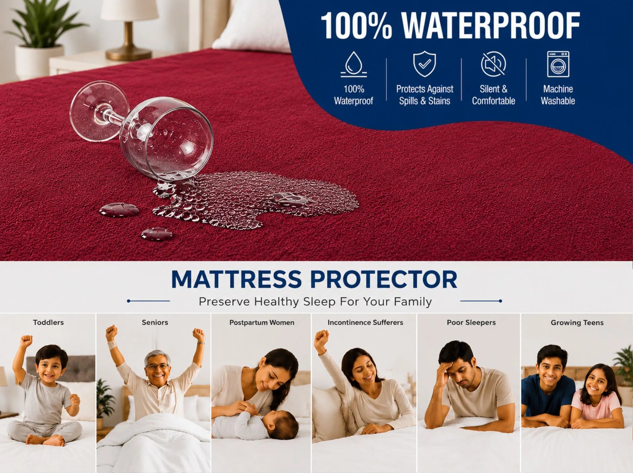Maroon - Linen & Loom Premium Mattress Protector | King Size (72 x 78 Inches) | Waterproof Fitted Mattress Cover