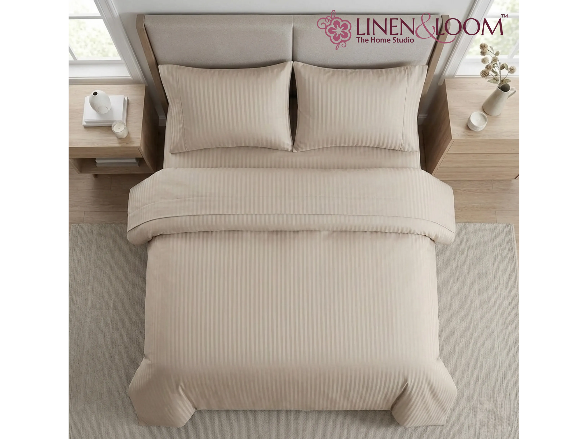 Beige - Linen & Loom Elegance Series Super King Size Bedsheet with 2 Pillow Covers | Luxury Striped Cotton Blend Bedsheet Set 200 TC | Soft, Breathable & Hotel-Style Finish (108 x 108 inches)