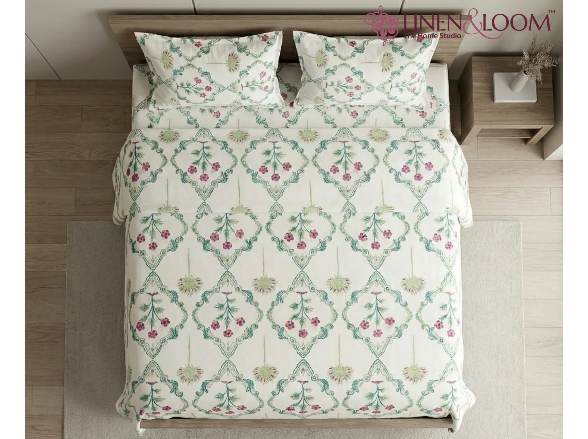 Duchess Berry Garden - Linen & Loom Natural Collection - Super King (100x108) 100% Pure Cotton Bedsheet with 2 Pillow Covers | Soft Breathable Bedspread for Home Decor | TC 240