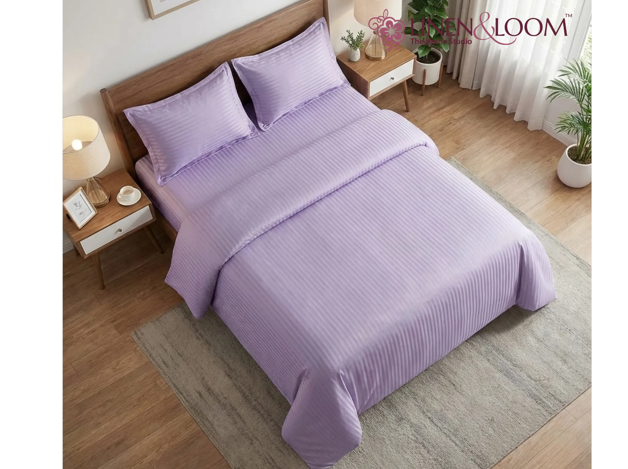 Lavender - Linen & Loom Elegance Series Super King Size Bedsheet with 2 Pillow Covers | Luxury Striped Cotton Blend Bedsheet Set 200 TC | Soft, Breathable & Hotel-Style Finish (108 x 108 inches)
