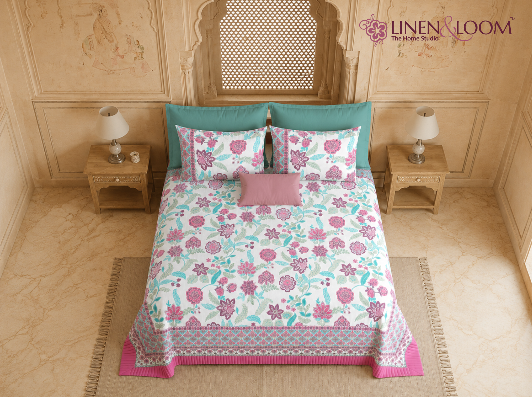 Royal Botanica_Lilac — Linen & Loom Jaipur Heritage Super King Size (108 x 108 inches) 100% Pure Cotton Bedsheet with 2 Pillow Covers | Soft & Breathable Bed Cover for Home Decor | 240 TC
