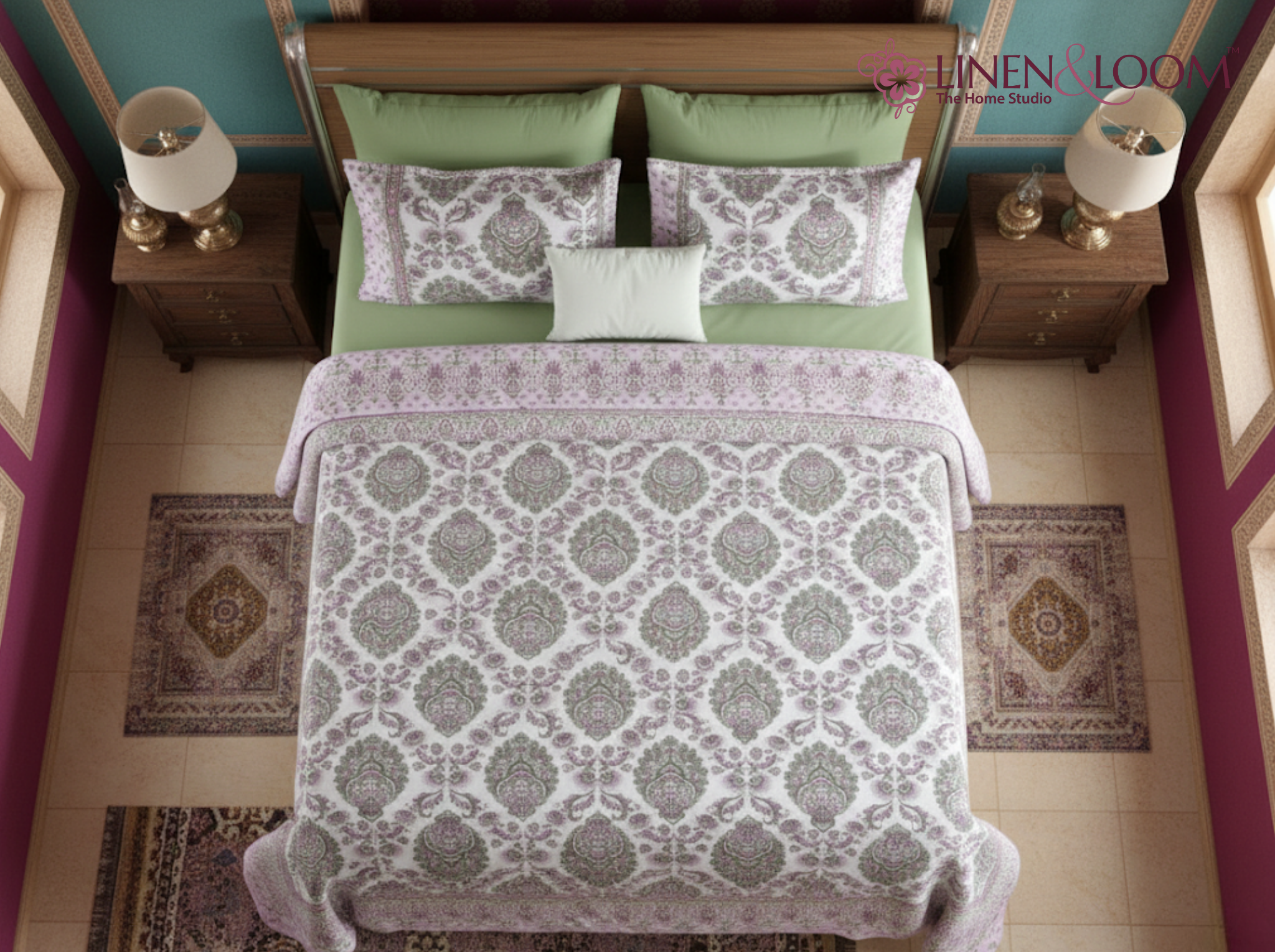 Maharani Muse-Lilac — Linen & Loom Maharani Motifs Premium 100% Pure Cotton King Size (90x108) Double Bed Bedsheet with 2 Pillow Covers || Floral Printed Elegant Bedroom Bedding Set || 240 TC