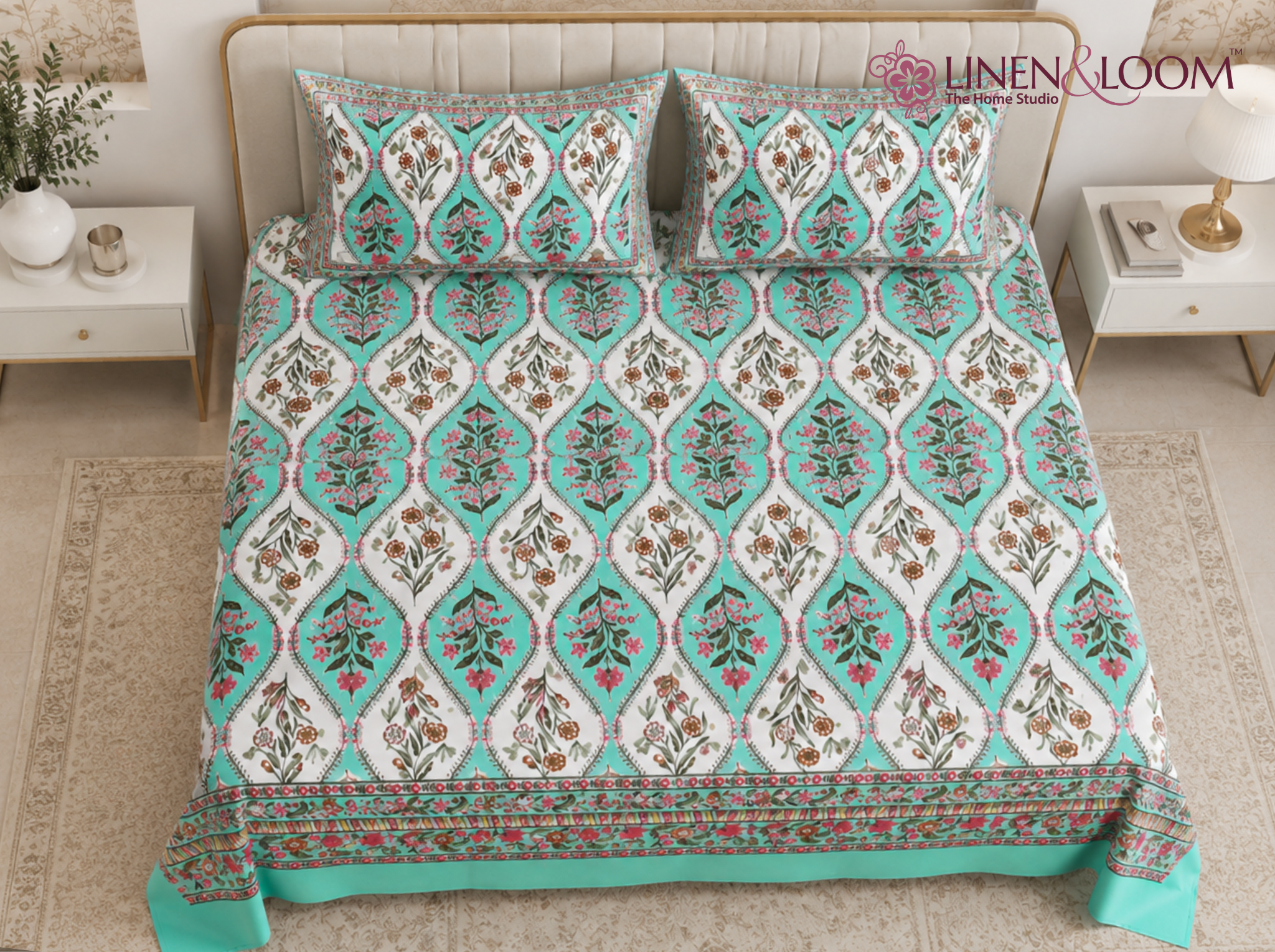 Shahi Craft — Linen & Loom Jaipur Heritage Super King Size (108 x 108 inches) 100% Pure Cotton Bedsheet with 2 Pillow Covers | Soft & Breathable Bed Cover for Home Decor | 240 TC