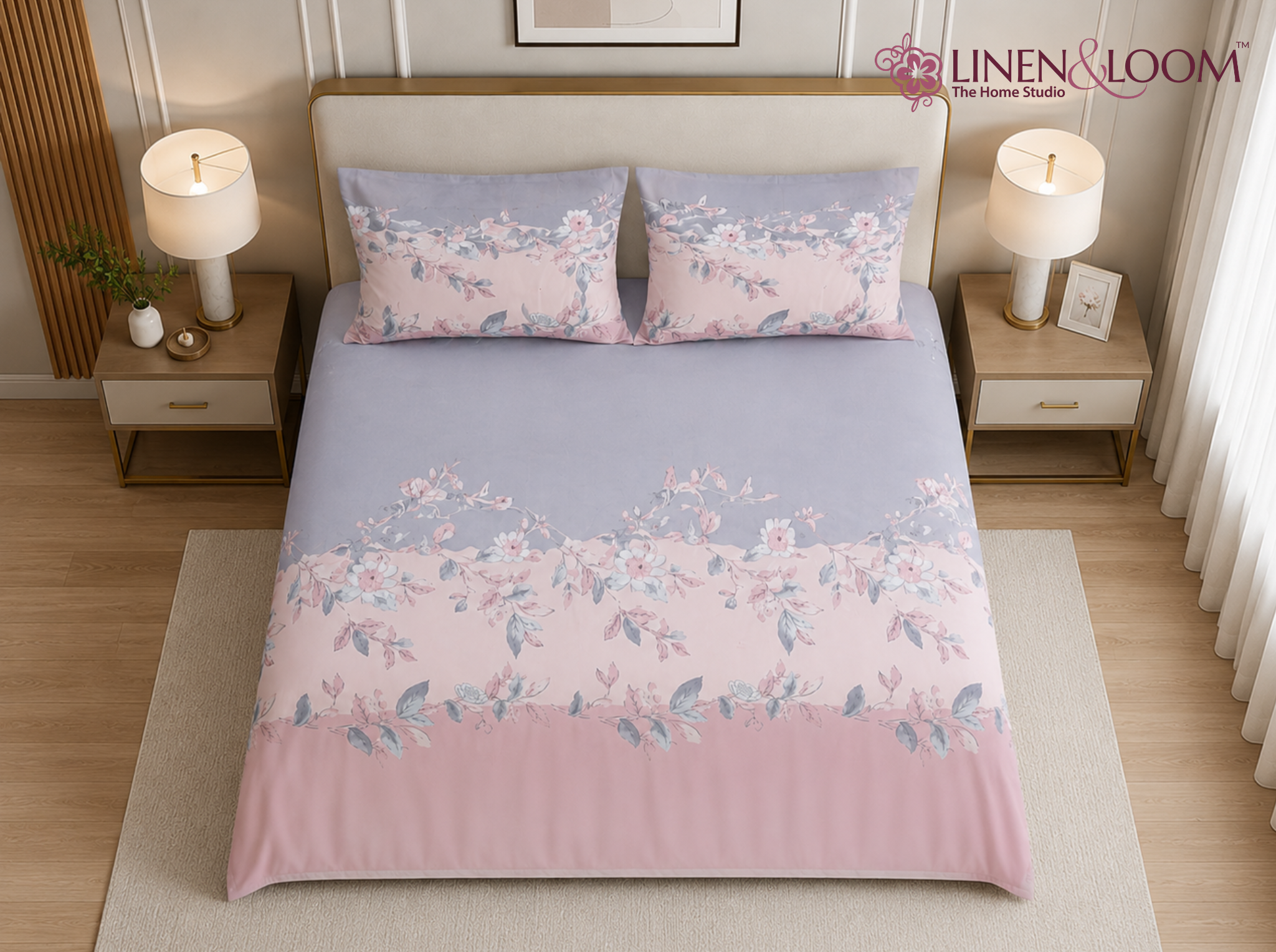 Blush Serenity - Urban Bloom Poly-Cotton Queen Size Bedsheet Set (90x100 Inches) with 2 Matching Pillow Covers - Wrinkle-Free Comfort