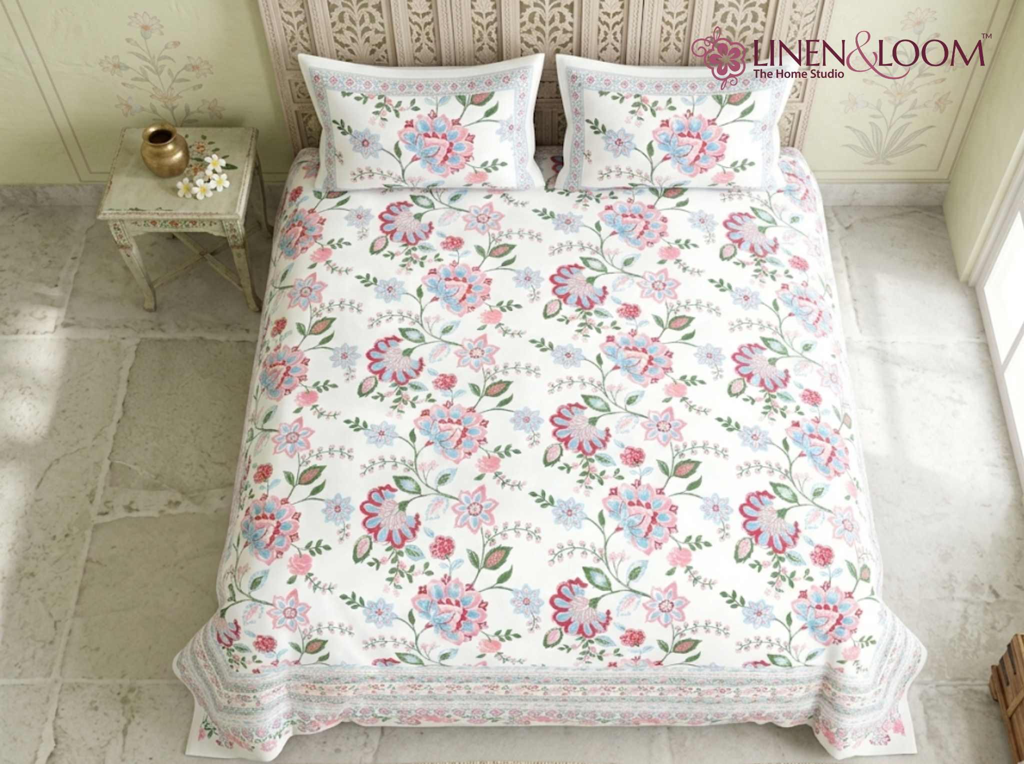 Signature Flora-Pink — Linen & Loom Jaipur Heritage Super King Size (108 x 108 inches) 100% Pure Cotton Bedsheet with 2 Pillow Covers | Soft & Breathable Bed Cover for Home Decor | 240 TC