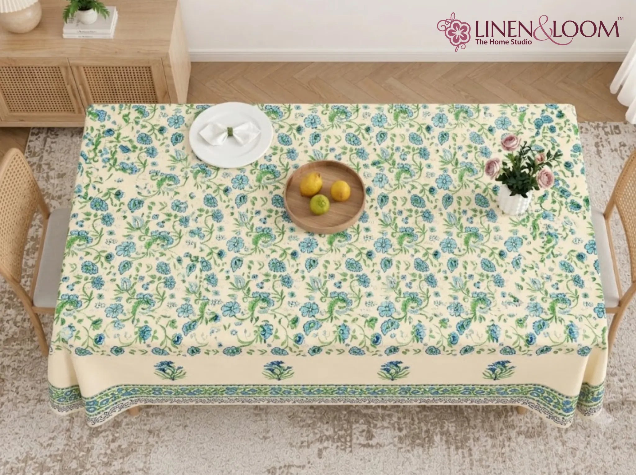 Jaipur Azure - Linen & Loom Rajwada Heritage 6-Seater Table Cover | 100% Premium Cotton Slub | 200 TC | 160 GSM | 1.5 x 2.25 Meters