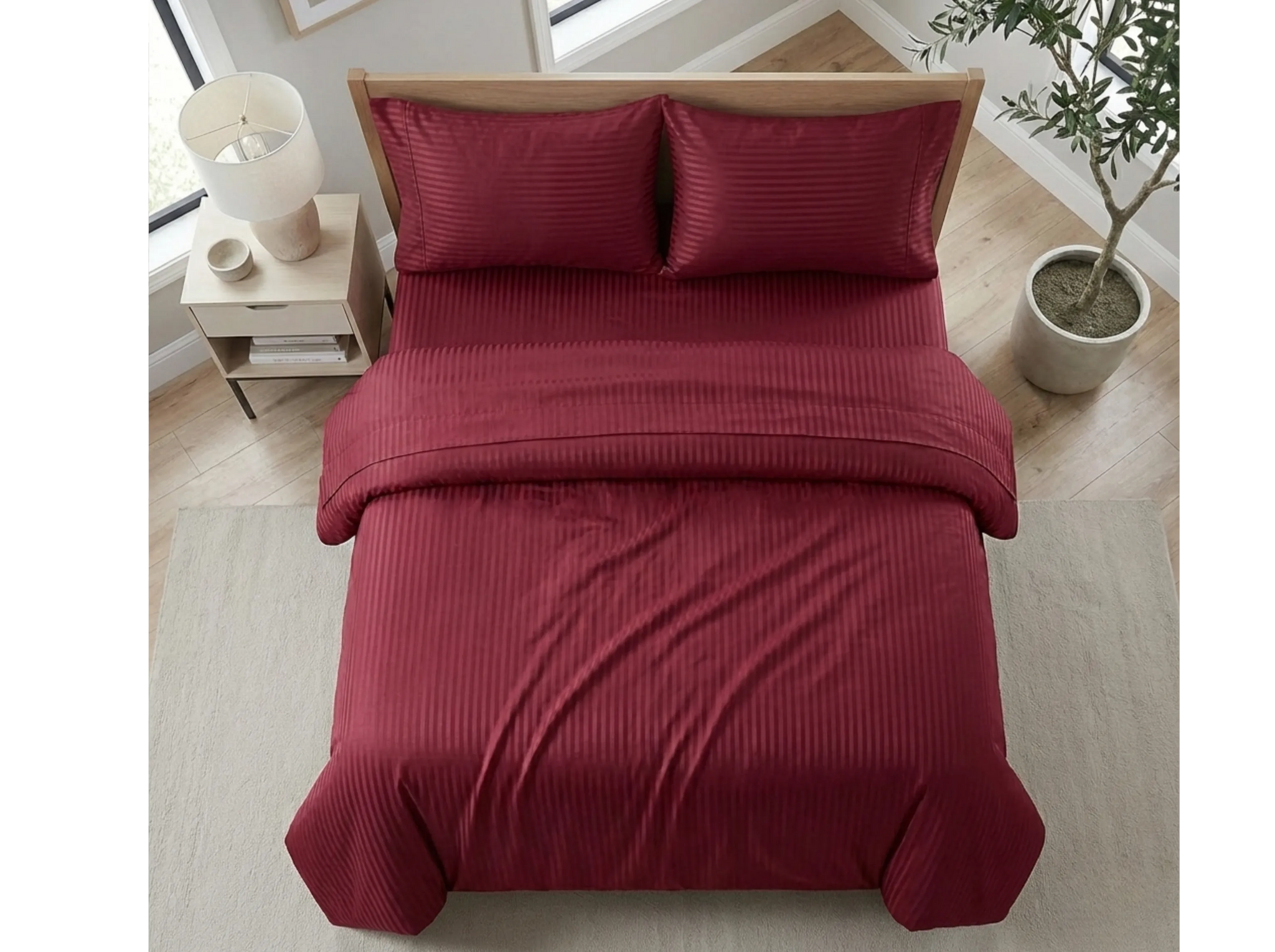 Cherry Red - Linen & Loom Elegance Series Super King Size Bedsheet with 2 Pillow Covers | Luxury Striped Cotton Blend Bedsheet Set 200 TC | Soft, Breathable & Hotel-Style Finish (108 x 108 inches)