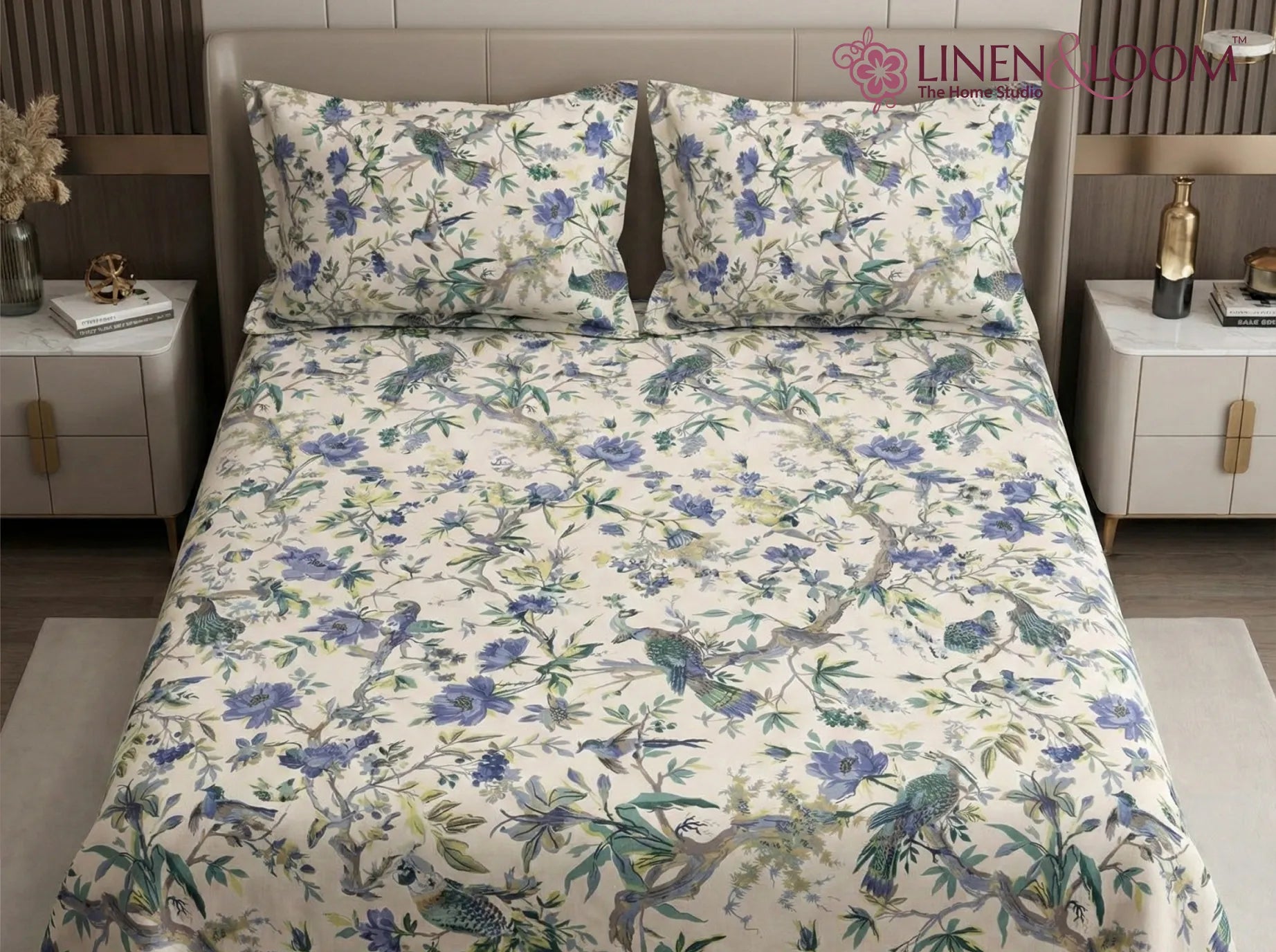 Bluebird Meadow - Linen & Loom Natural Collection - Super King (100x108) 100% Pure Cotton Bedsheet with 2 Pillow Covers | Soft Breathable Bedspread for Home Decor | TC 240