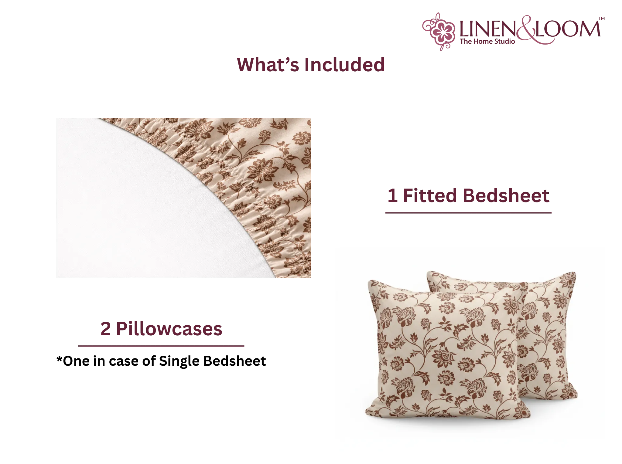 Cocoa Blossom - Linen & Loom Pure Comfort Series 360° Elastic Fitted Bedsheet | Soft and Comfortable Bed Linen Set for a Cozy Bedroom | 200 TC | King Size 72x78 inches + 9 inches