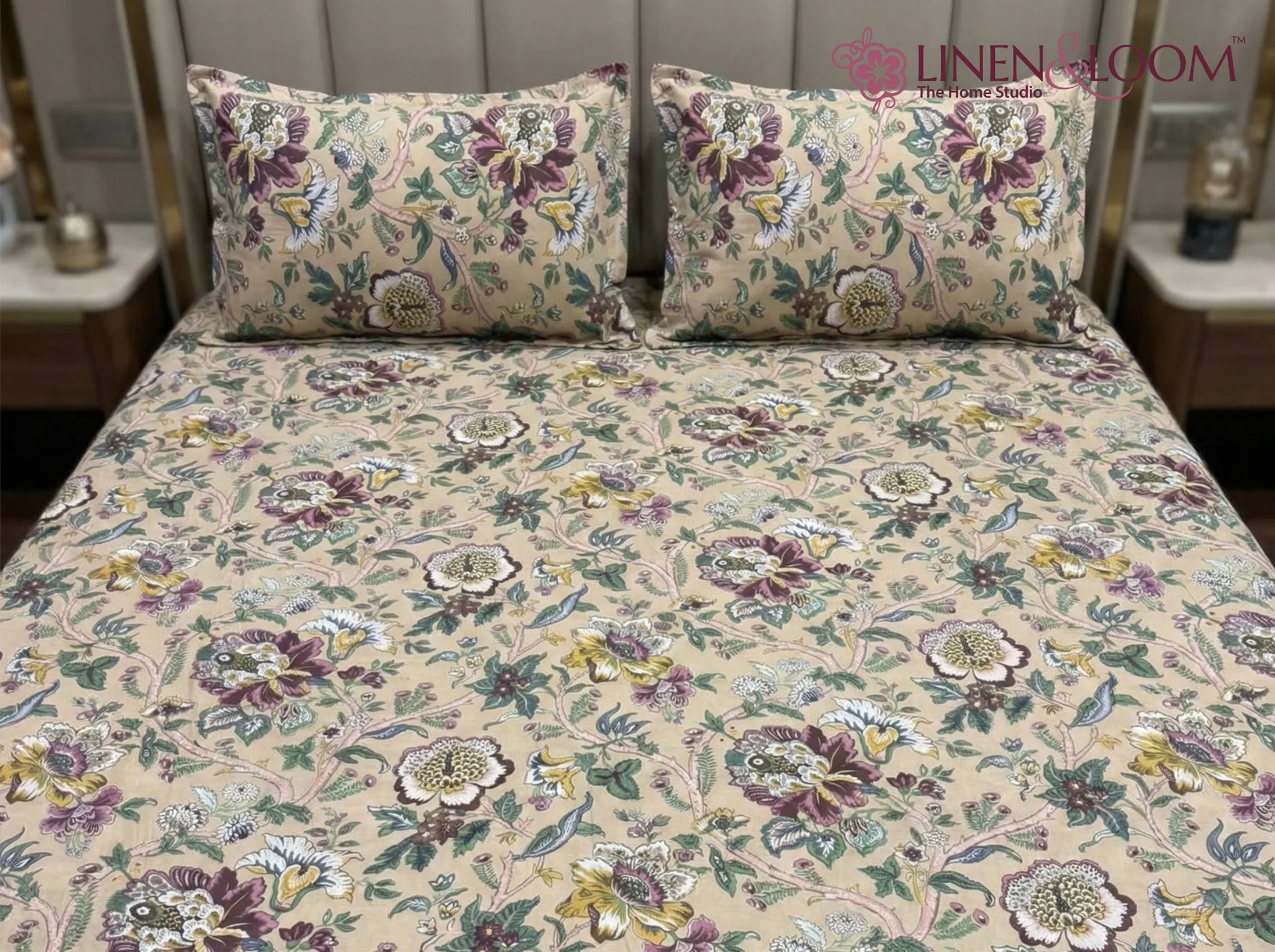 Blossom Haven - Linen & Loom Natural Collection - Super King (100x108) 100% Pure Cotton Bedsheet with 2 Pillow Covers | Soft Breathable Bedspread for Home Decor | TC 240