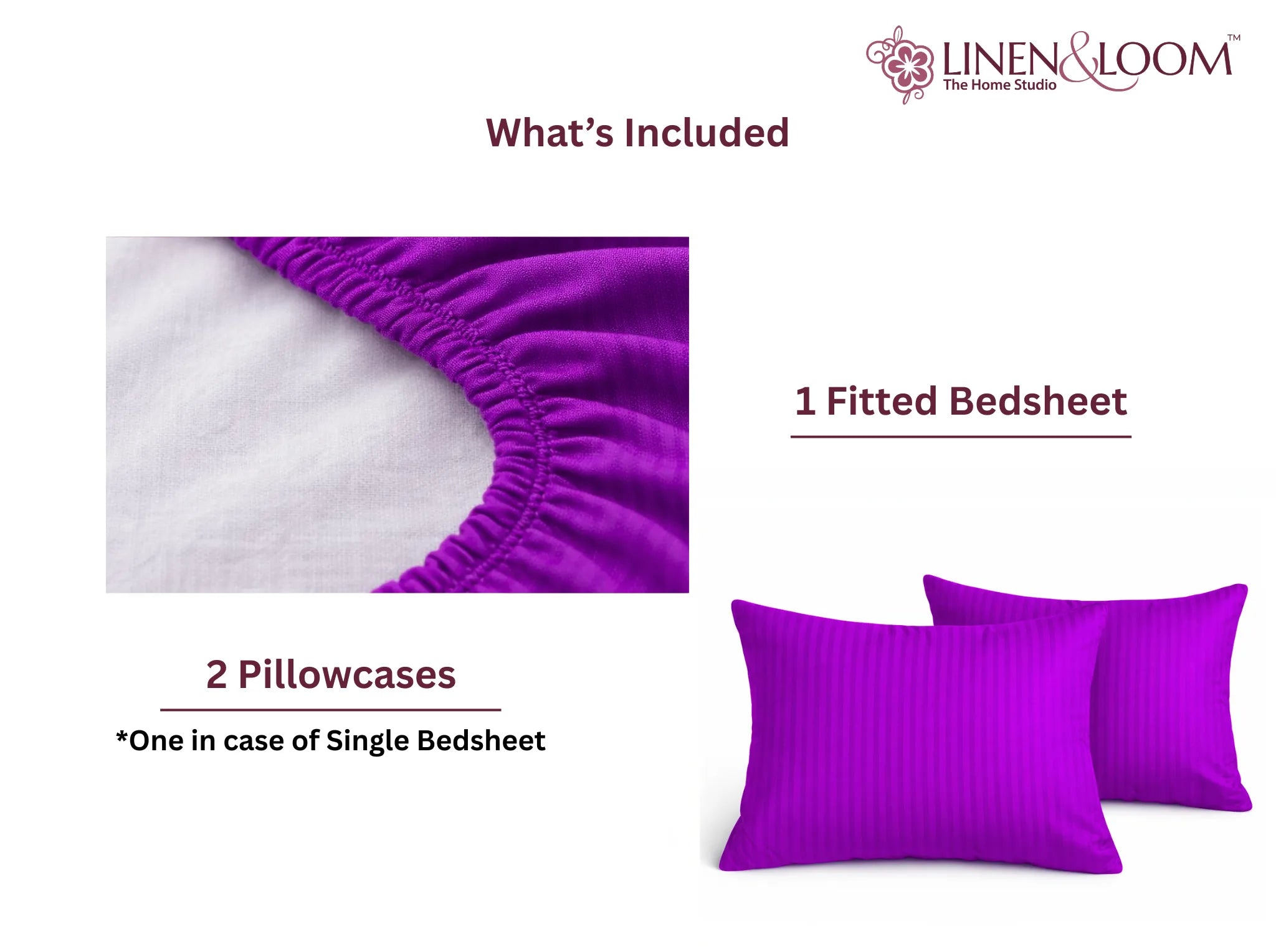 Purple - Linen & Loom Elegance King Size 360° Fitted (72X78 + 9 inches) Elasticated Bedsheet | Elegant Satin Stripes | No-Slip Design | Snug, Secure Grip | Fits Upto 8 Inch Mattress | 200 TC