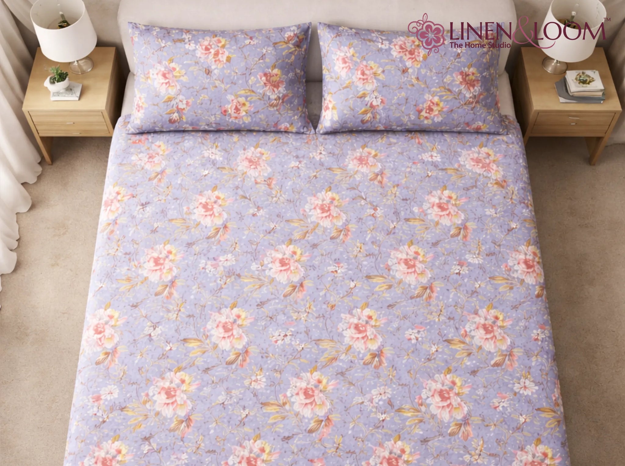 Blue Rosette Garden - Linen & Loom Natural Collection - Super King (100x108) 100% Pure Cotton Bedsheet with 2 Pillow Covers | Soft Breathable Bedspread for Home Decor | TC 240