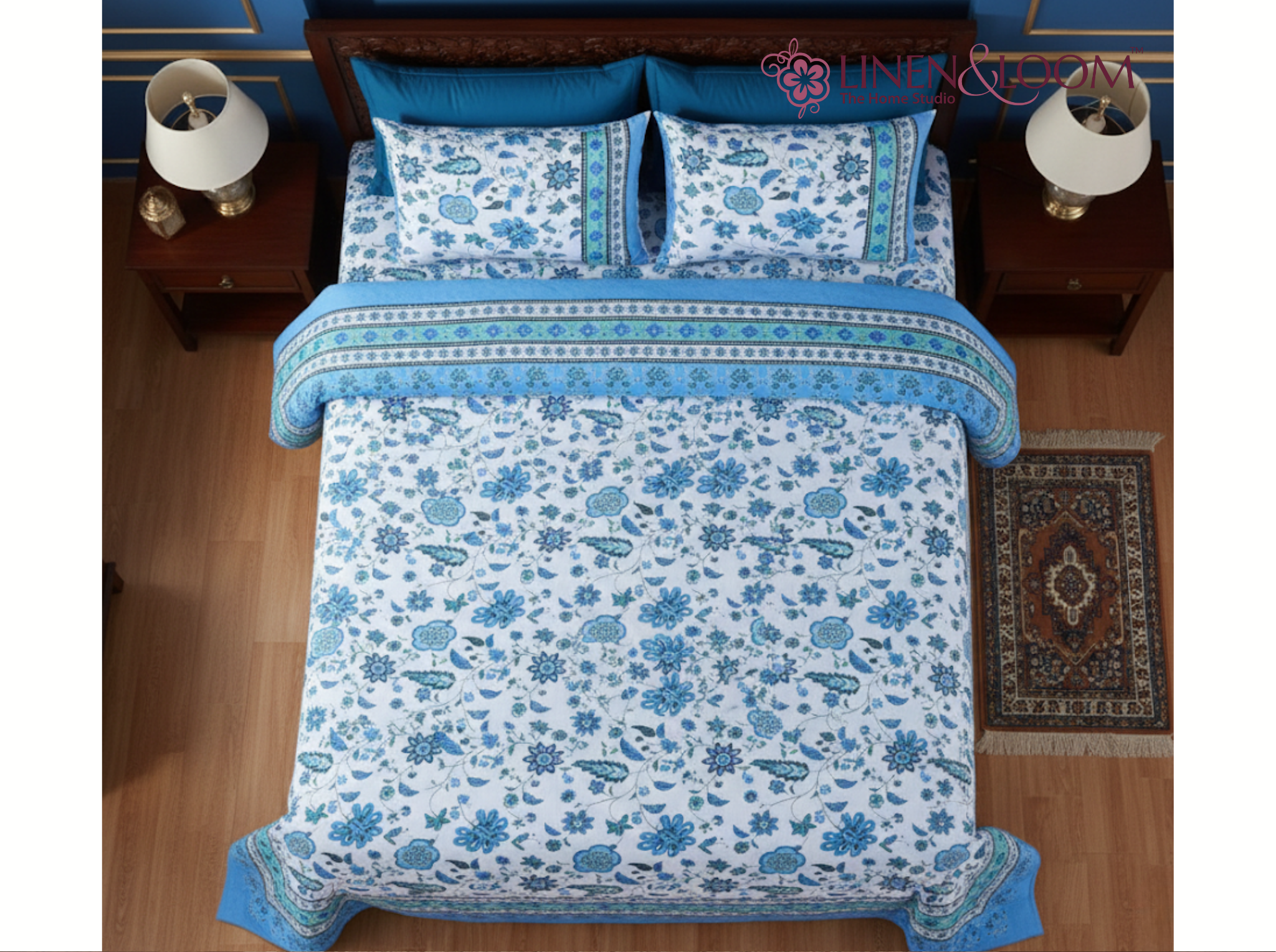 Floral Darbar-Blue — Linen & Loom Maharani Motifs Premium 100% Pure Cotton King Size (90x108) Double Bed Bedsheet with 2 Pillow Covers || Floral Printed Elegant Bedroom Bedding Set || 240 TC