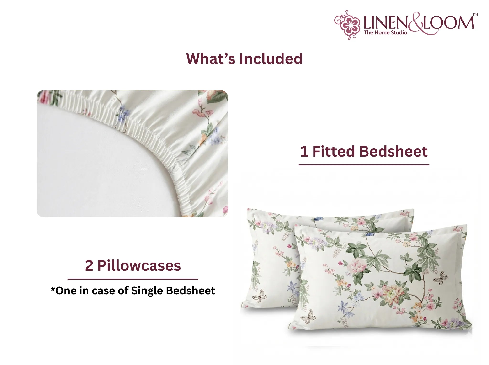 Morning Camellia - Linen & Loom Pure Comfort Series 360° Elastic Fitted Bedsheet | Soft and Comfortable Bed Linen Set for a Cozy Bedroom | 200 TC | King Size 72x78 inches + 9 inches