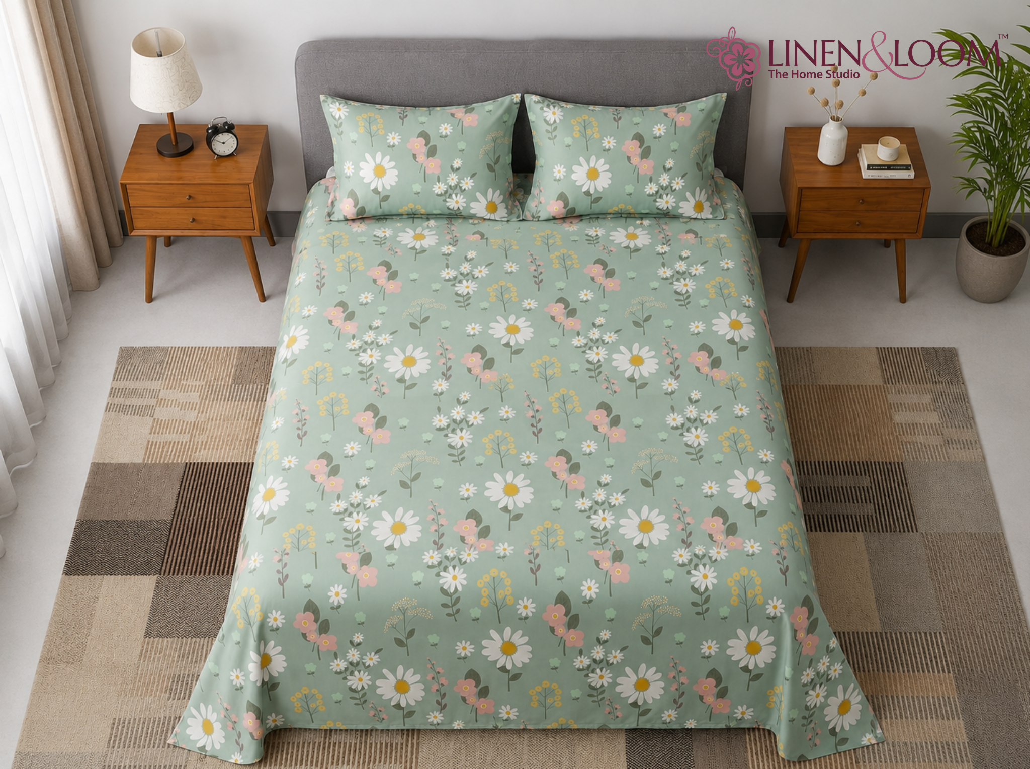 Daisy Meadow - Urban Bloom Poly-Cotton Queen Size Bedsheet Set (90x100 Inches) with 2 Matching Pillow Covers - Wrinkle-Free Comfort