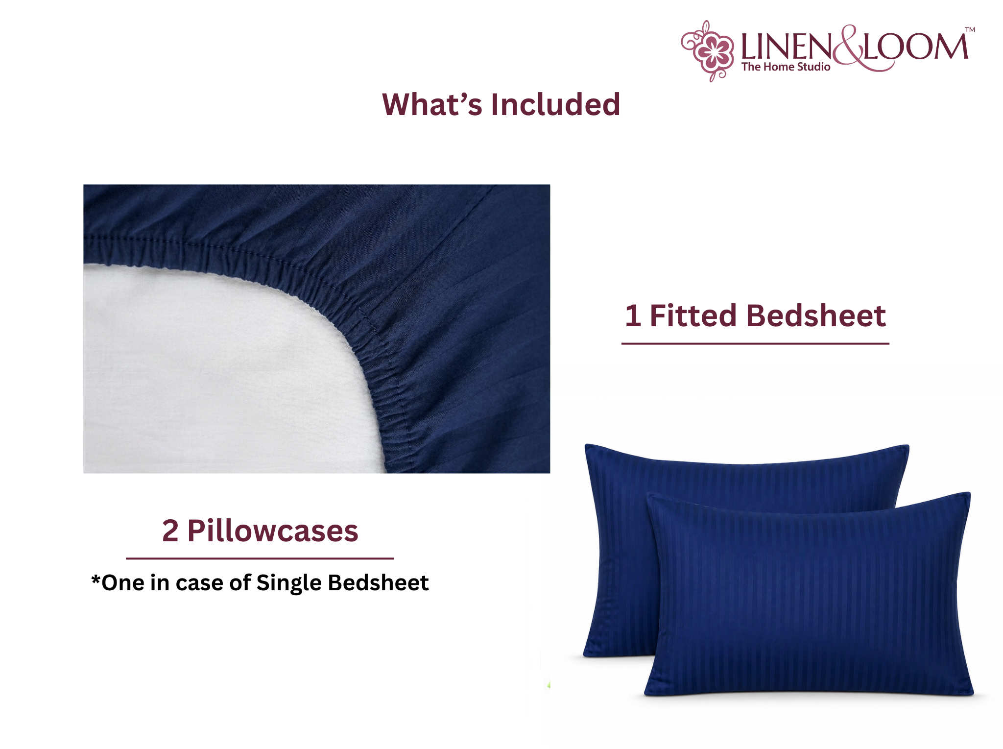 Navy Blue - Linen & Loom Elegance King Size 360° Fitted (72X78 + 9 inches) Elasticated Bedsheet | Elegant Satin Stripes | No-Slip Design | Snug, Secure Grip | Fits Upto 8 Inch Mattress | 200 TC
