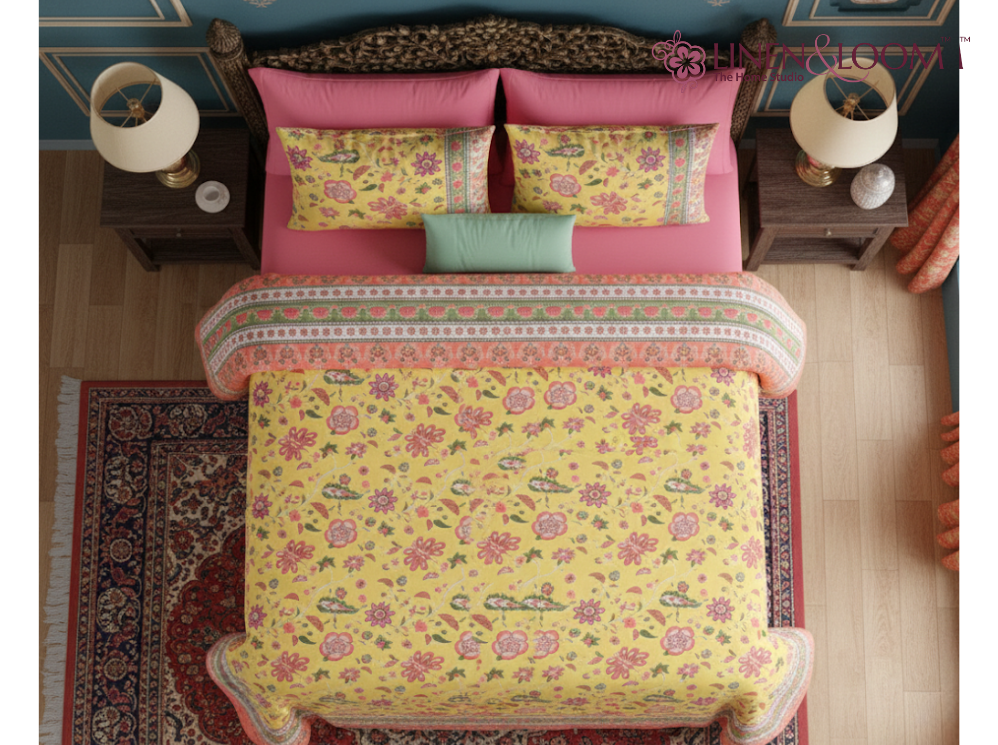 Floral Darbar-Yellow — Linen & Loom Maharani Motifs Premium 100% Pure Cotton King Size (90x108) Double Bed Bedsheet with 2 Pillow Covers || Floral Printed Elegant Bedroom Bedding Set || 240 TC
