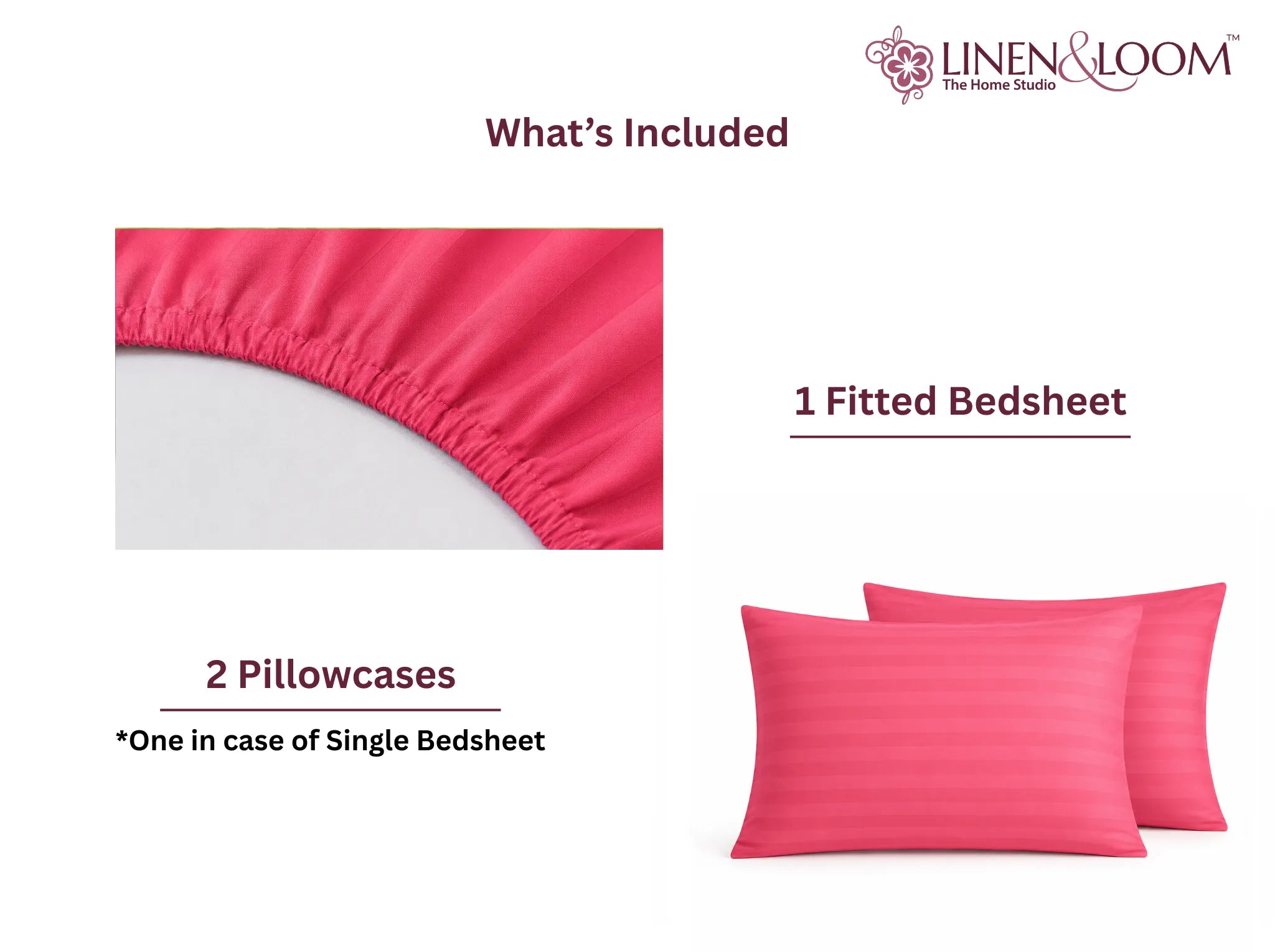 Flamingo Pink - Linen & Loom Elegance King Size 360° Fitted (72X78 + 9 inches) Elasticated Bedsheet | Elegant Satin Stripes | No-Slip Design | Snug, Secure Grip | Fits Upto 8 Inch Mattress | 200 TC