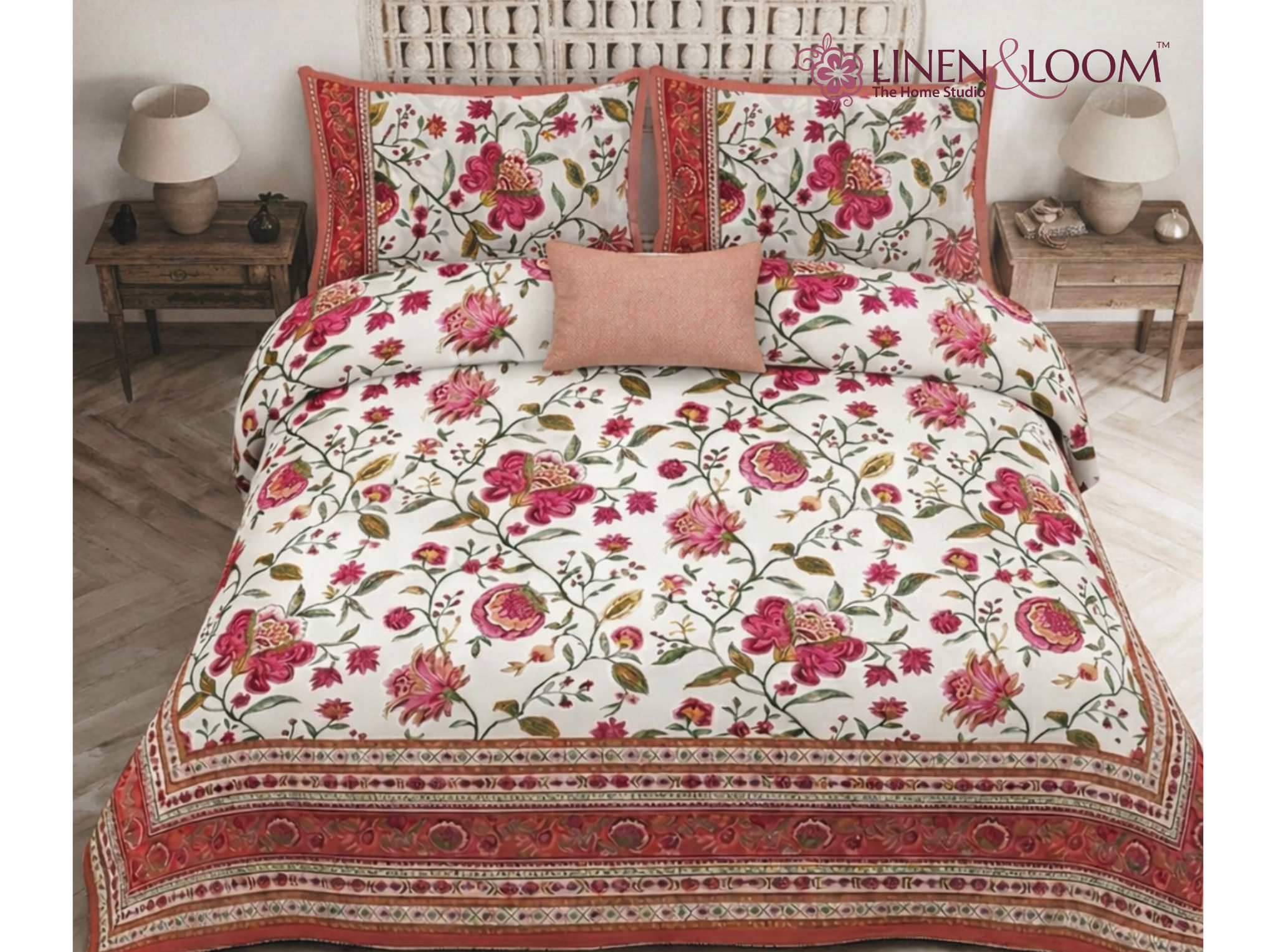 Gulistan Royale - Red — Linen & Loom Maharani Motifs Premium 100% Pure Cotton King Size (90x108) Double Bed Bedsheet with 2 Pillow Covers || Floral Printed Elegant Bedroom Bedding Set || 240 TC