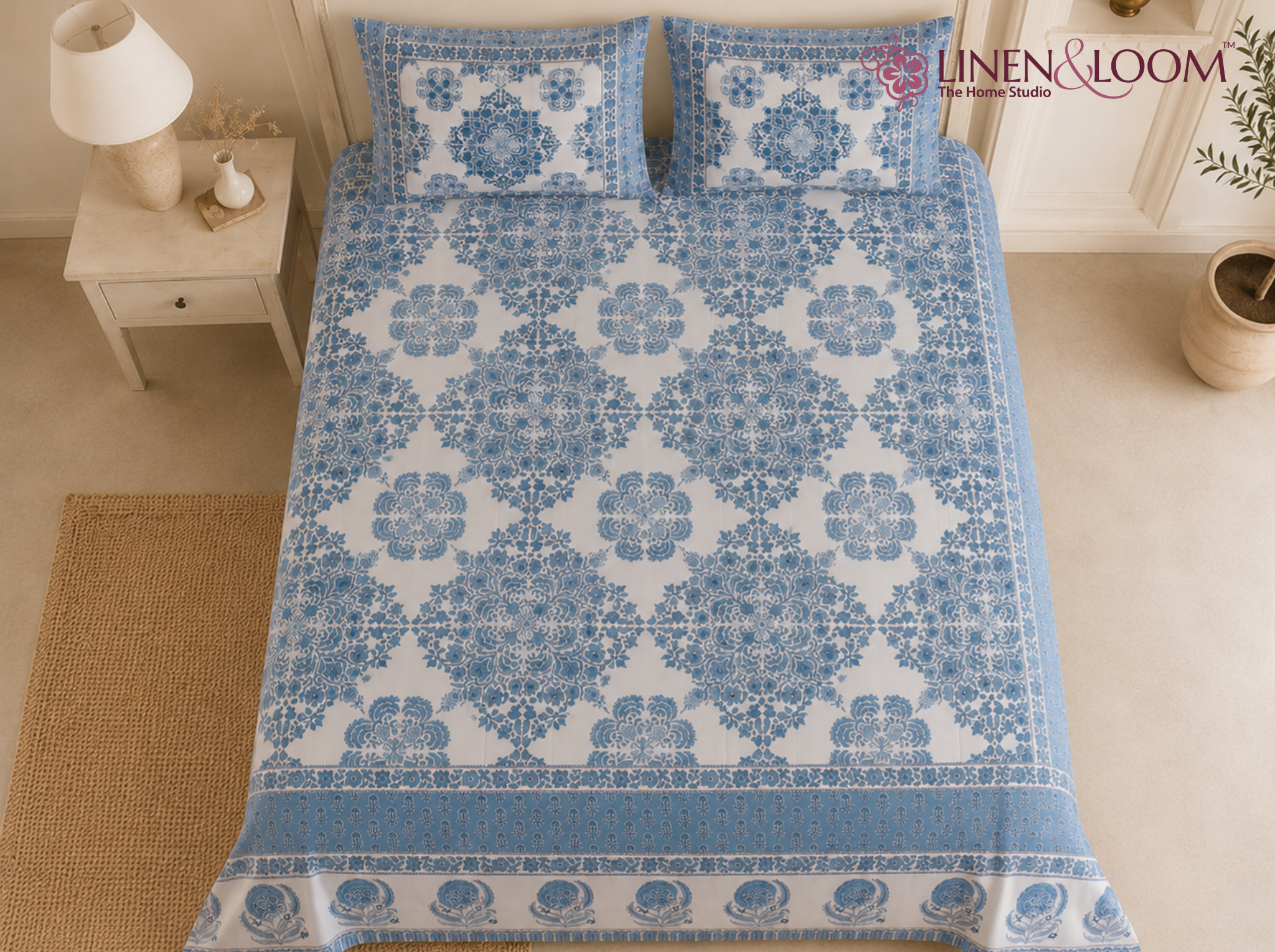 Ornate Heritage_Blue — Linen & Loom Jaipur Heritage Super King Size (108 x 108 inches) 100% Pure Cotton Bedsheet with 2 Pillow Covers | Soft & Breathable Bed Cover for Home Decor | 240 TC