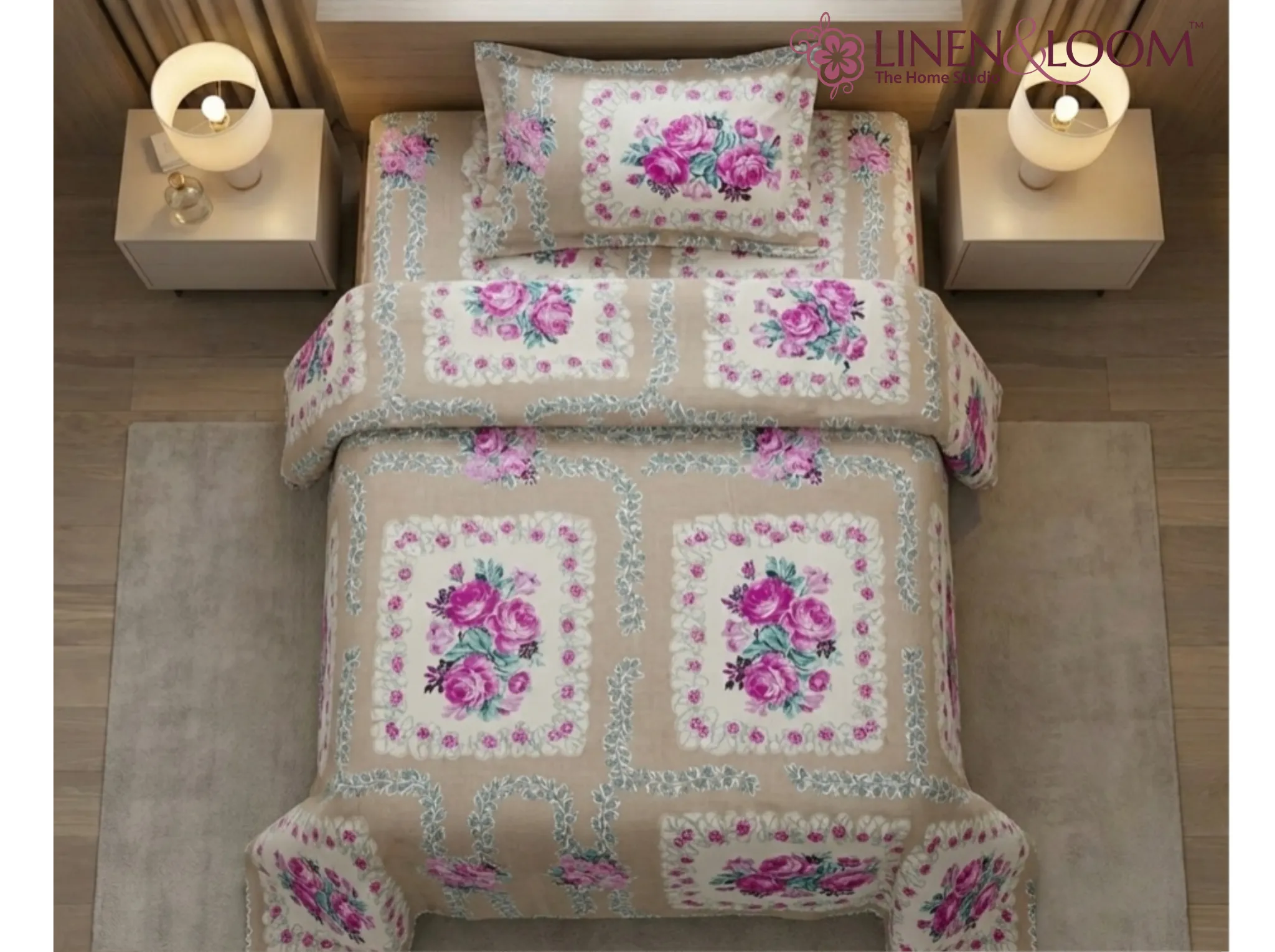 Duchess Petal Beige - Linen & Loom The Natural Collection - 100% Pure Cotton Single Bedsheet (60 x 90 Inches) with 1 Pillow Cover | 240 TC - Soft & Breathable Cotton Bed Sheet for Bedroom