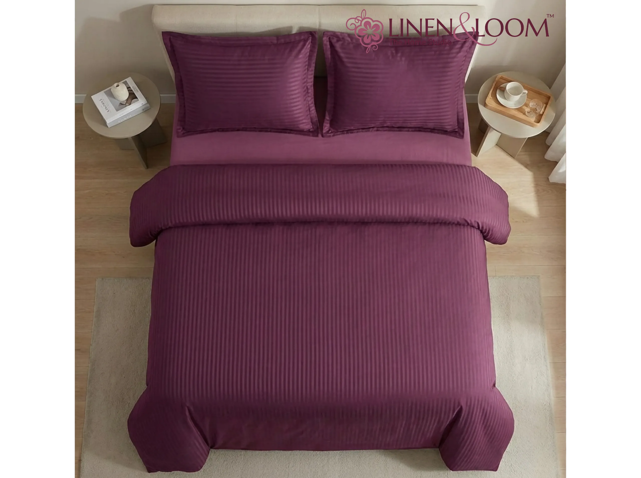 Wine - Linen & Loom Elegance Series Super King Size Bedsheet with 2 Pillow Covers | Luxury Striped Cotton Blend Bedsheet Set 200 TC | Soft, Breathable & Hotel-Style Finish (108 x 108 inches)