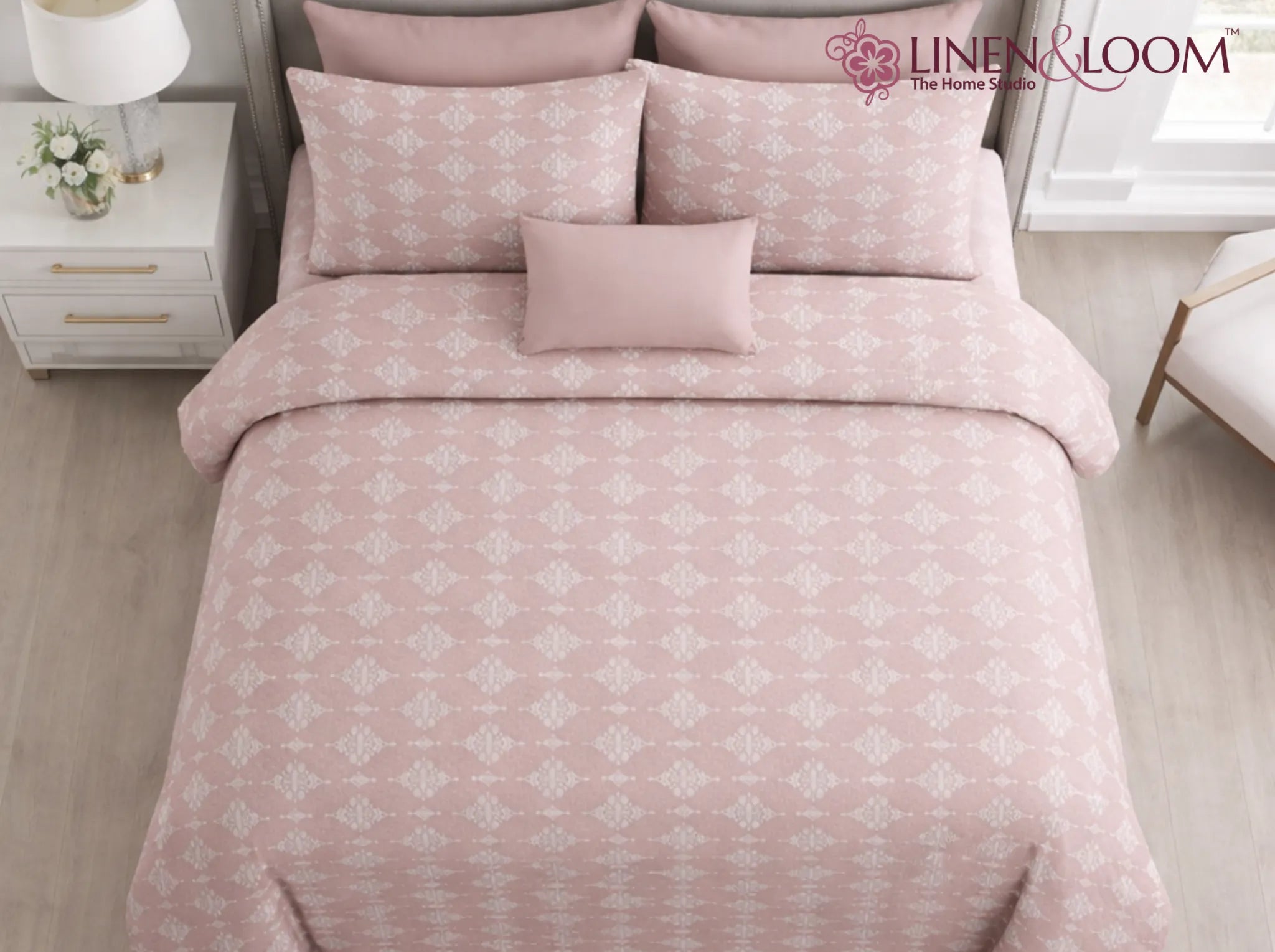Blush Calm - Linen & Loom Serenity Series Super King Size (108x108 inches) Double Bedsheet with 2 Pillow Covers || Soft Breathable Cotton Feel Bedding Set with Elegant Geometric Design || TC 240