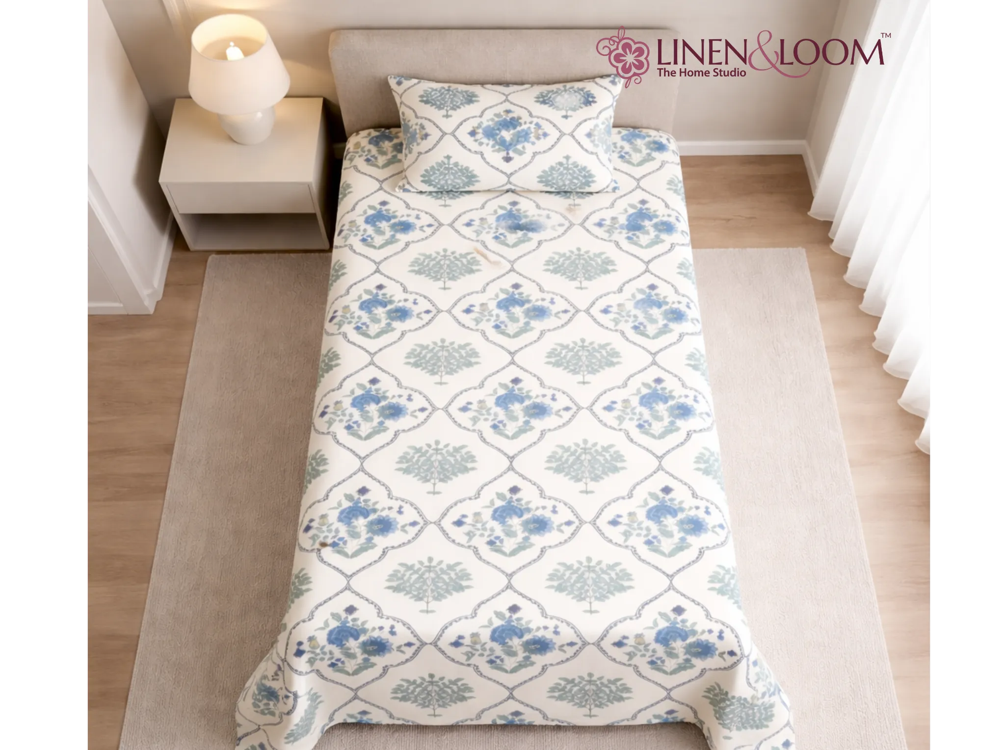 Maharani Bagh - Blue - Linen & Loom The Natural Collection - 100% Pure Cotton Single Bedsheet (60 x 90 Inches) with 1 Pillow Cover | 240 TC - Soft & Breathable Cotton Bed Sheet for Bedroom