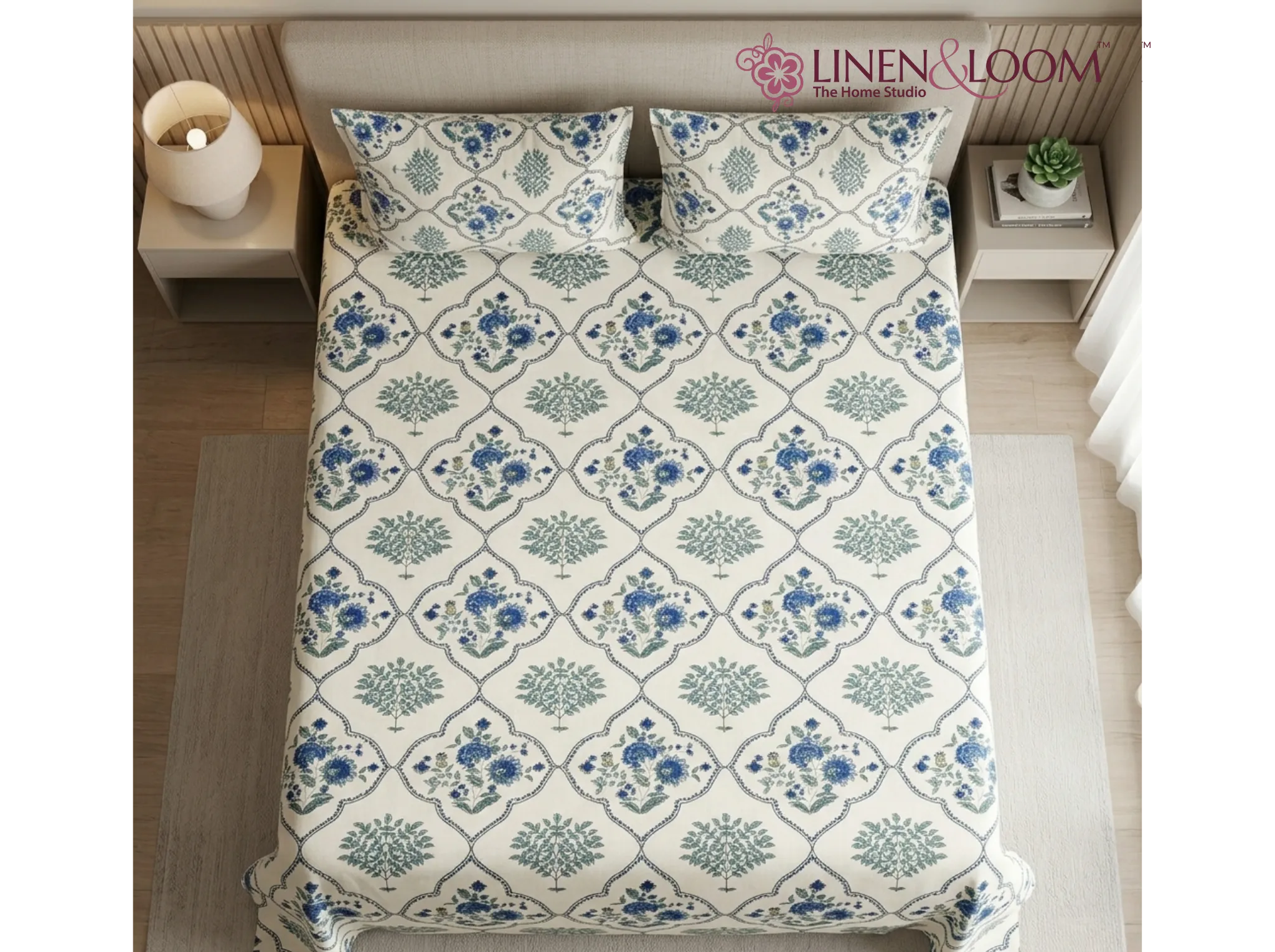 Maharani Bagh - Blue - Linen & Loom Natural Collection - Super King (100x108) 100% Pure Cotton Bedsheet with 2 Pillow Covers | Soft Breathable Bedspread for Home Decor | TC 240