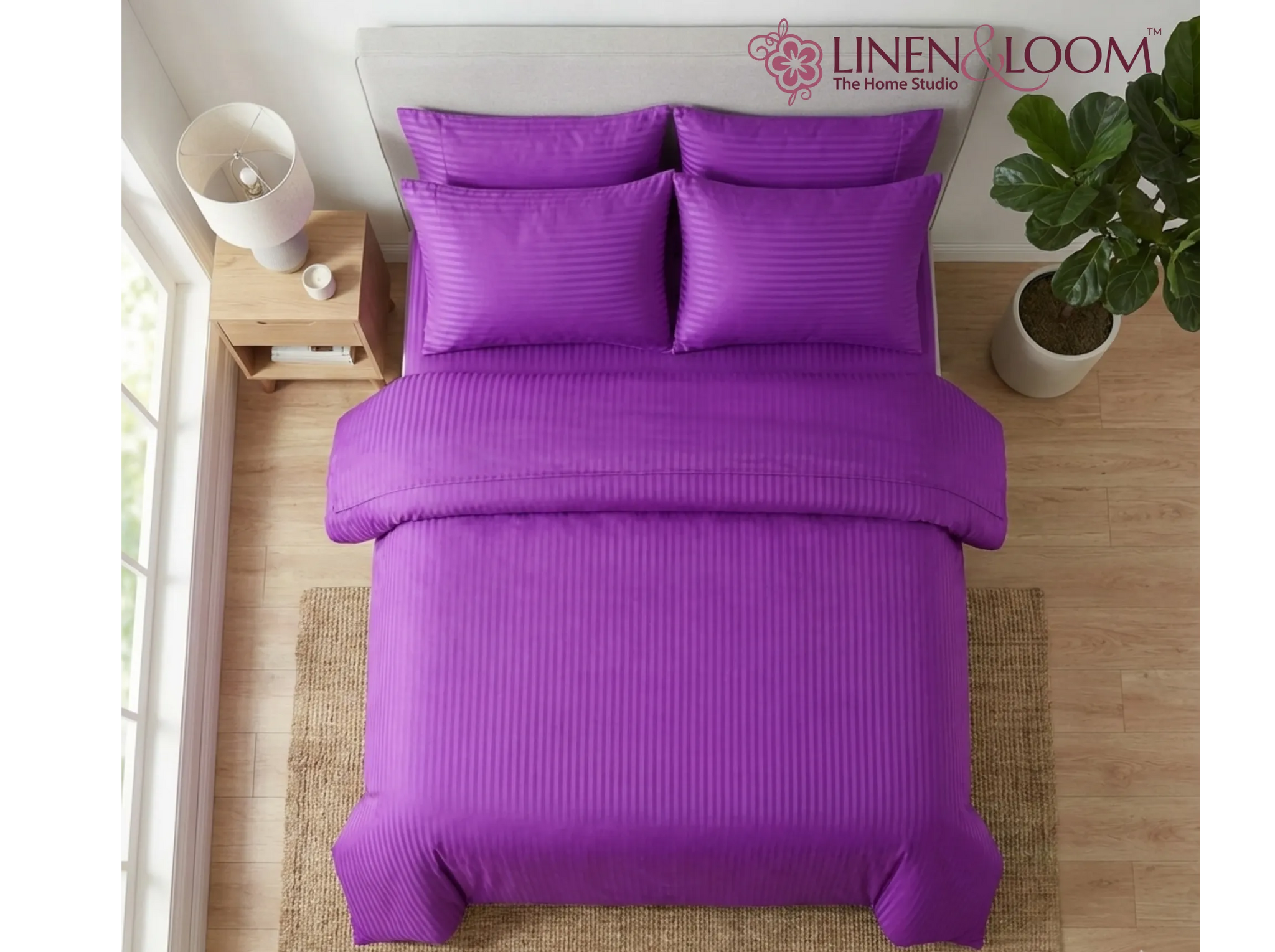 Purple - Linen & Loom Elegance Series Super King Size Bedsheet with 2 Pillow Covers | Luxury Striped Cotton Blend Bedsheet Set 200 TC | Soft, Breathable & Hotel-Style Finish (108 x 108 inches)