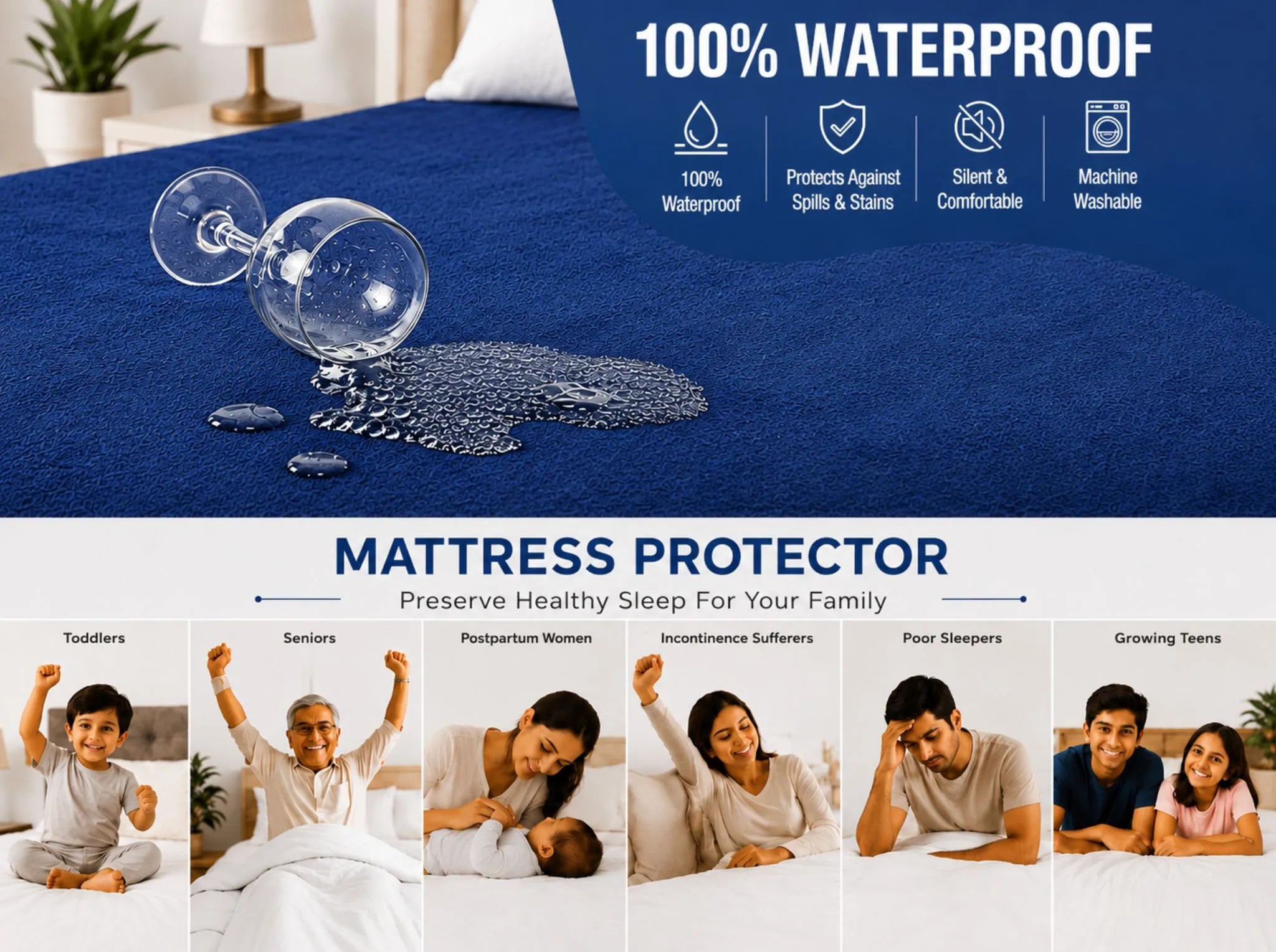 Navy Blue - Linen & Loom Premium Mattress Protector | Queen Size (60 x 78 Inches) | Waterproof Fitted Mattress Cover