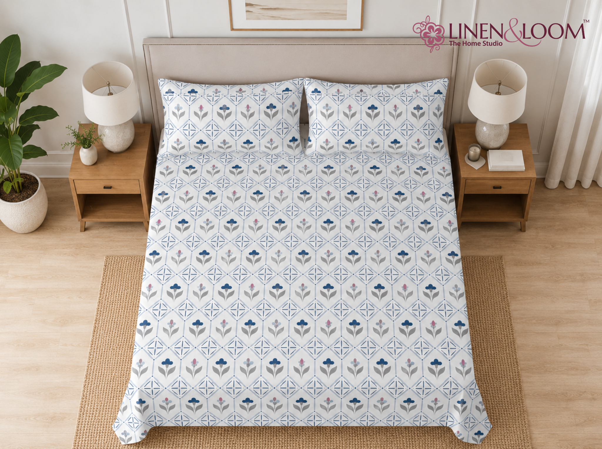Nordic Bloom - Urban Bloom Poly-Cotton Queen Size Bedsheet Set (90x100 Inches) with 2 Matching Pillow Covers - Wrinkle-Free Comfort