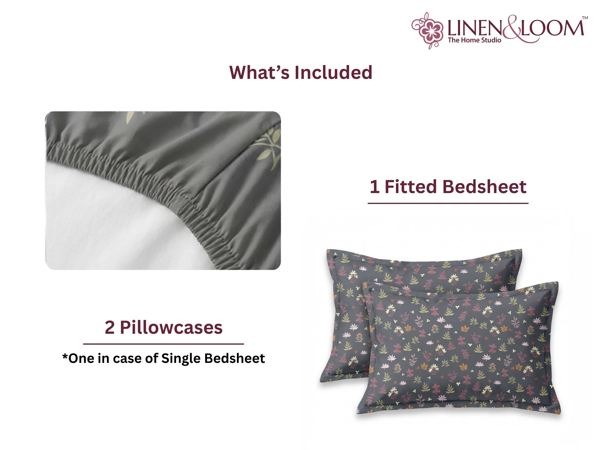 Midnight Sprig - Linen & Loom Pure Comfort Series 360° Elastic Fitted Bedsheet | Soft and Comfortable Bed Linen Set for a Cozy Bedroom | 200 TC | King Size 72x78 inches + 9 inches