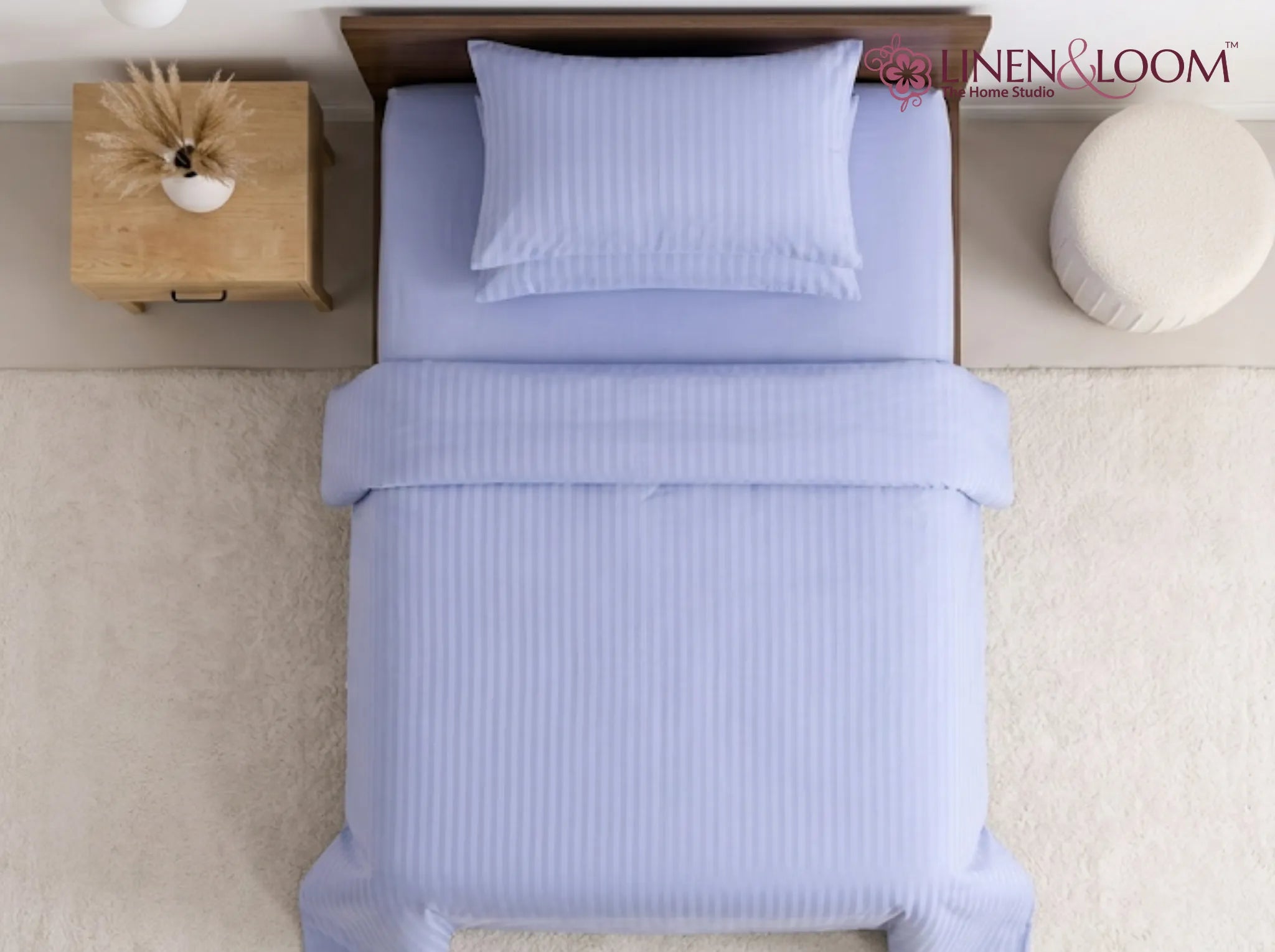 Powder Blue - Linen & Loom Elegance Series (60x90 inches) Bedsheet with 1 Pillow Cover | Luxury Striped Cotton Blend Bedsheet Set | Soft, Breathable & Hotel-Style Finish | TC 200