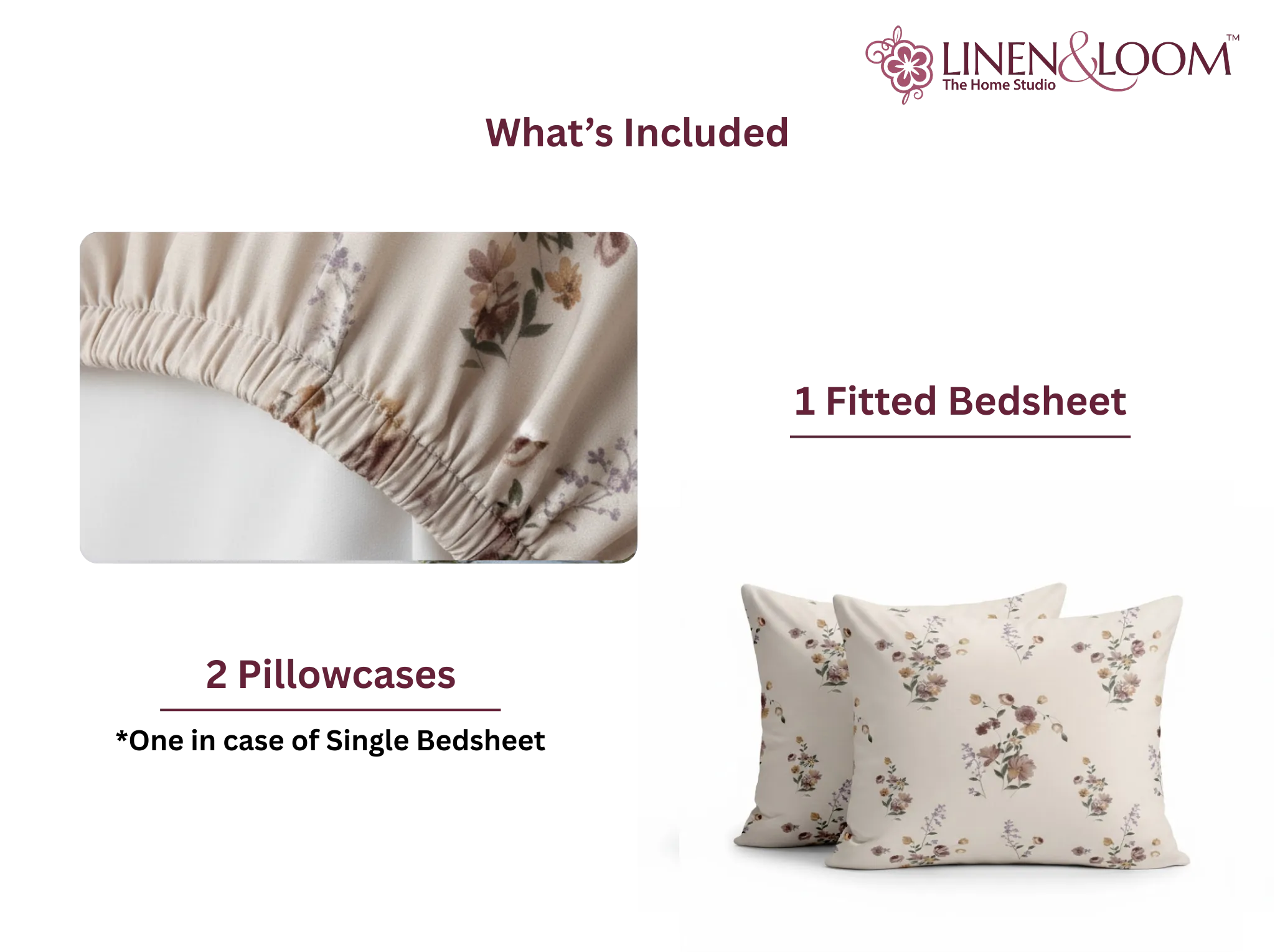 Rustic Bloom - Linen & Loom Pure Comfort Series 360° Elastic Fitted Bedsheet | Soft and Comfortable Bed Linen Set for a Cozy Bedroom | 200 TC | King Size 72x78 inches + 9 inches