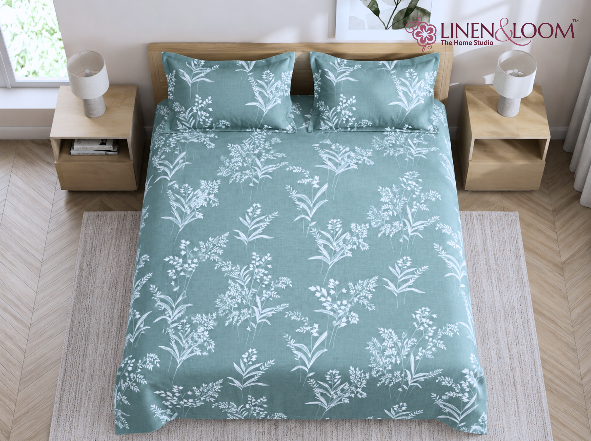 Fern Whisper - Urban Bloom Poly-Cotton Queen Size Bedsheet Set (90x100 Inches) with 2 Matching Pillow Covers - Wrinkle-Free Comfort
