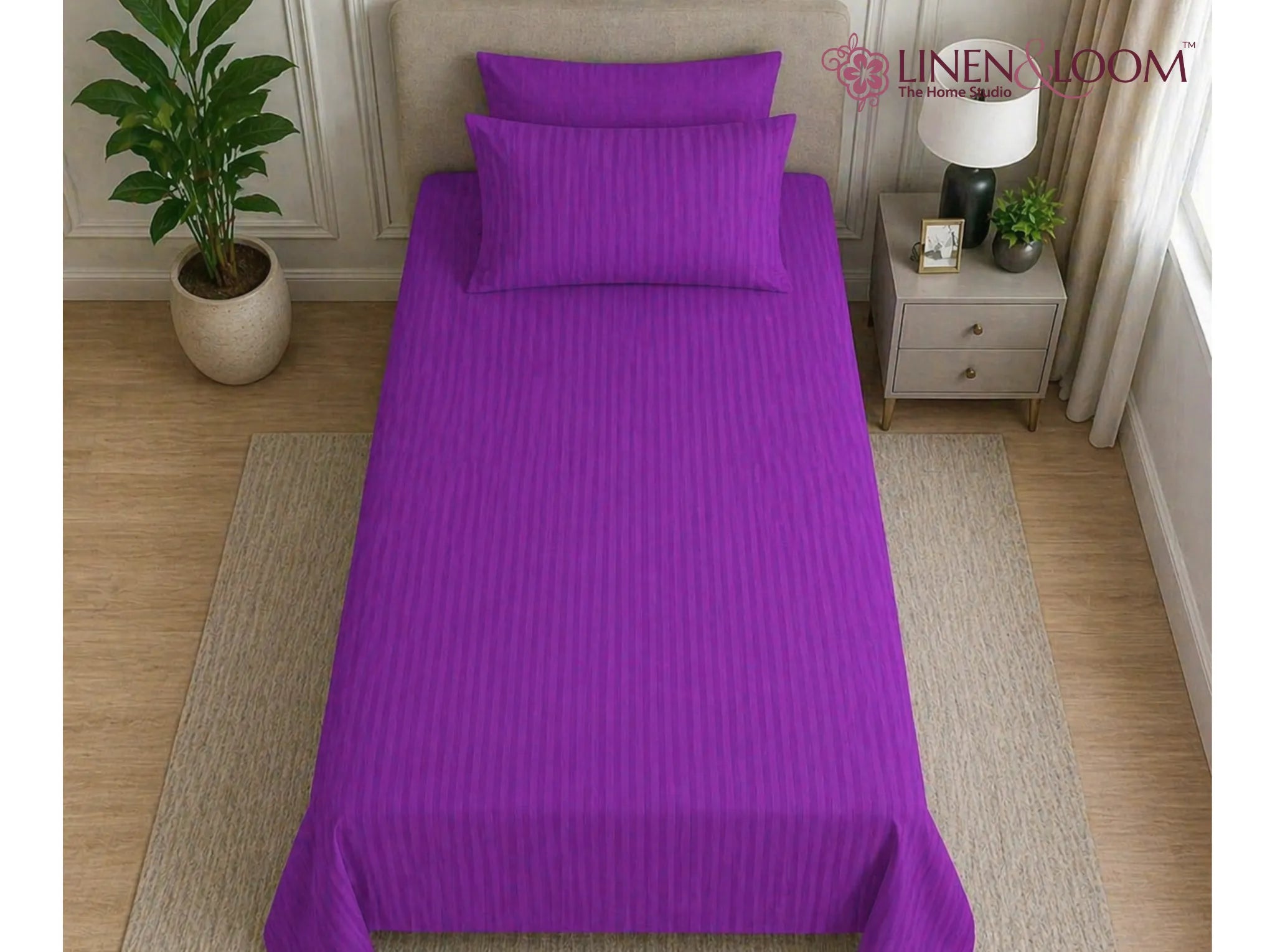 Purple - Linen & Loom Elegance Series (60x90 inches) Bedsheet with 1 Pillow Cover | Luxury Striped Cotton Blend Bedsheet Set | Soft, Breathable & Hotel-Style Finish | TC 200