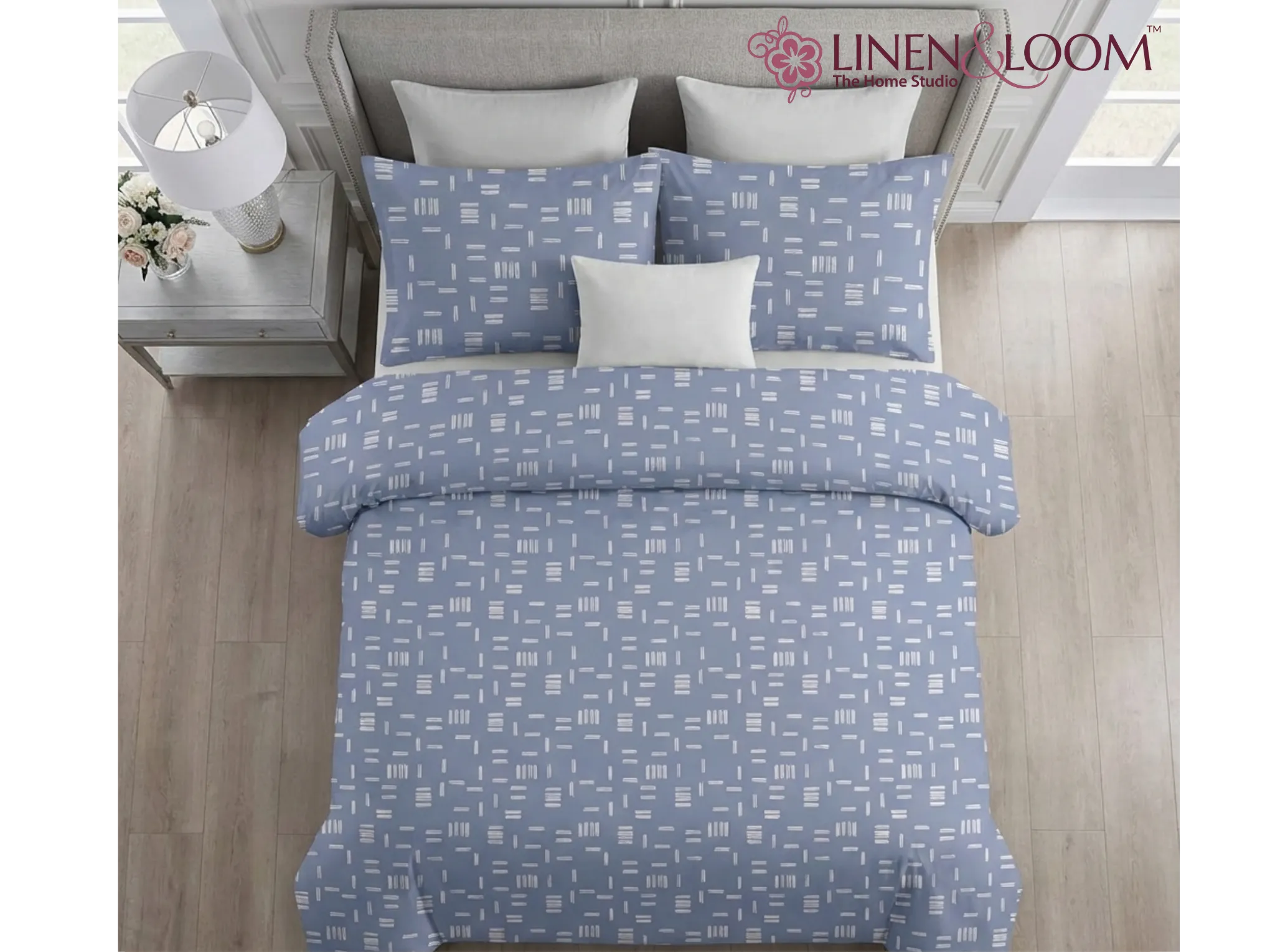 Indigo Dash - Linen & Loom Serenity Series Super King Size (108x108 inches) Double Bedsheet with 2 Pillow Covers || Soft Breathable Cotton Feel Bedding Set with Elegant Geometric Design || TC 240