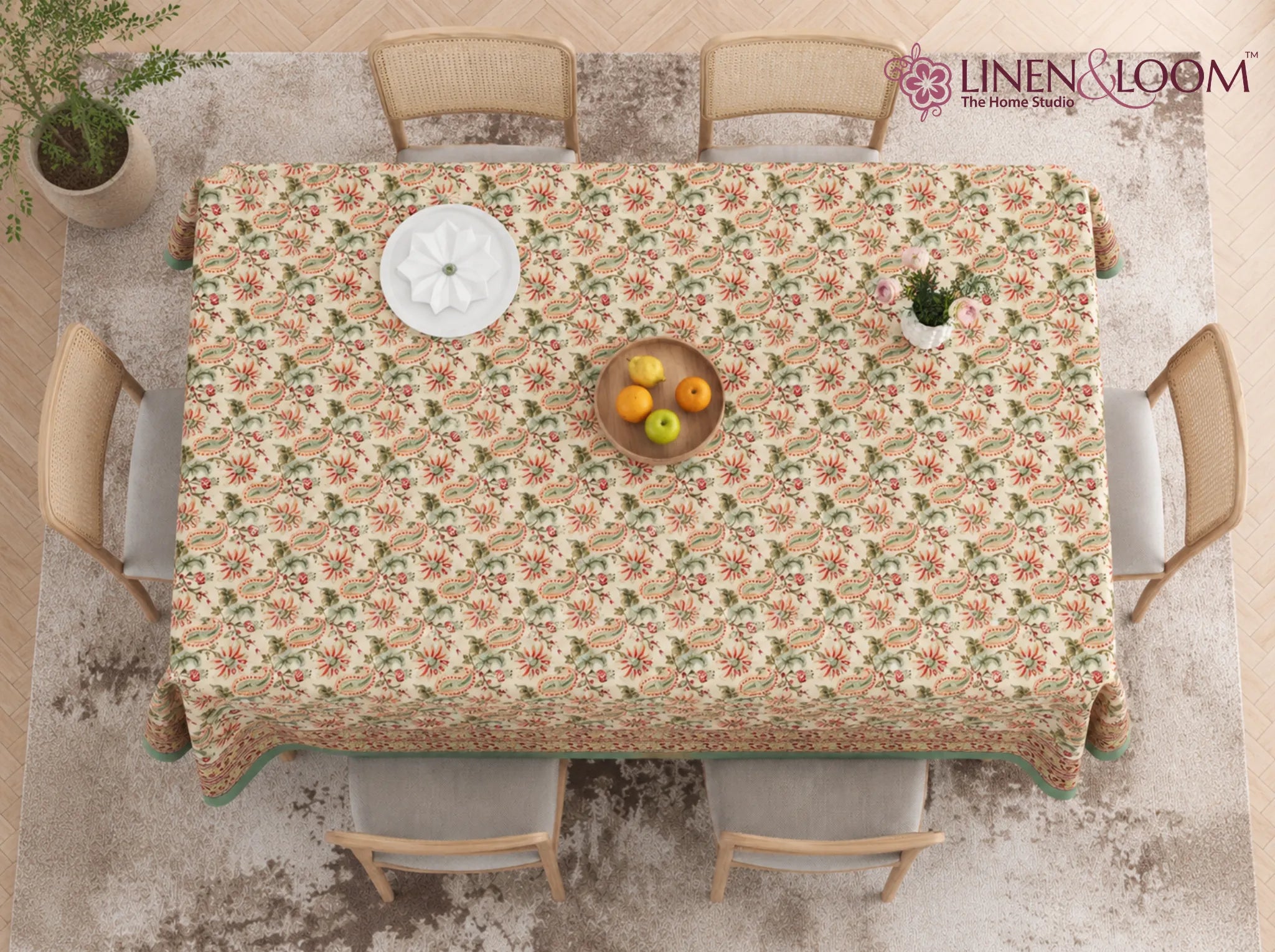 Palace Garden - Linen & Loom Rajwada Heritage 6-Seater Table Cover | 100% Premium Cotton Slub | 200 TC | 160 GSM | 1.5 x 2.25 Meters