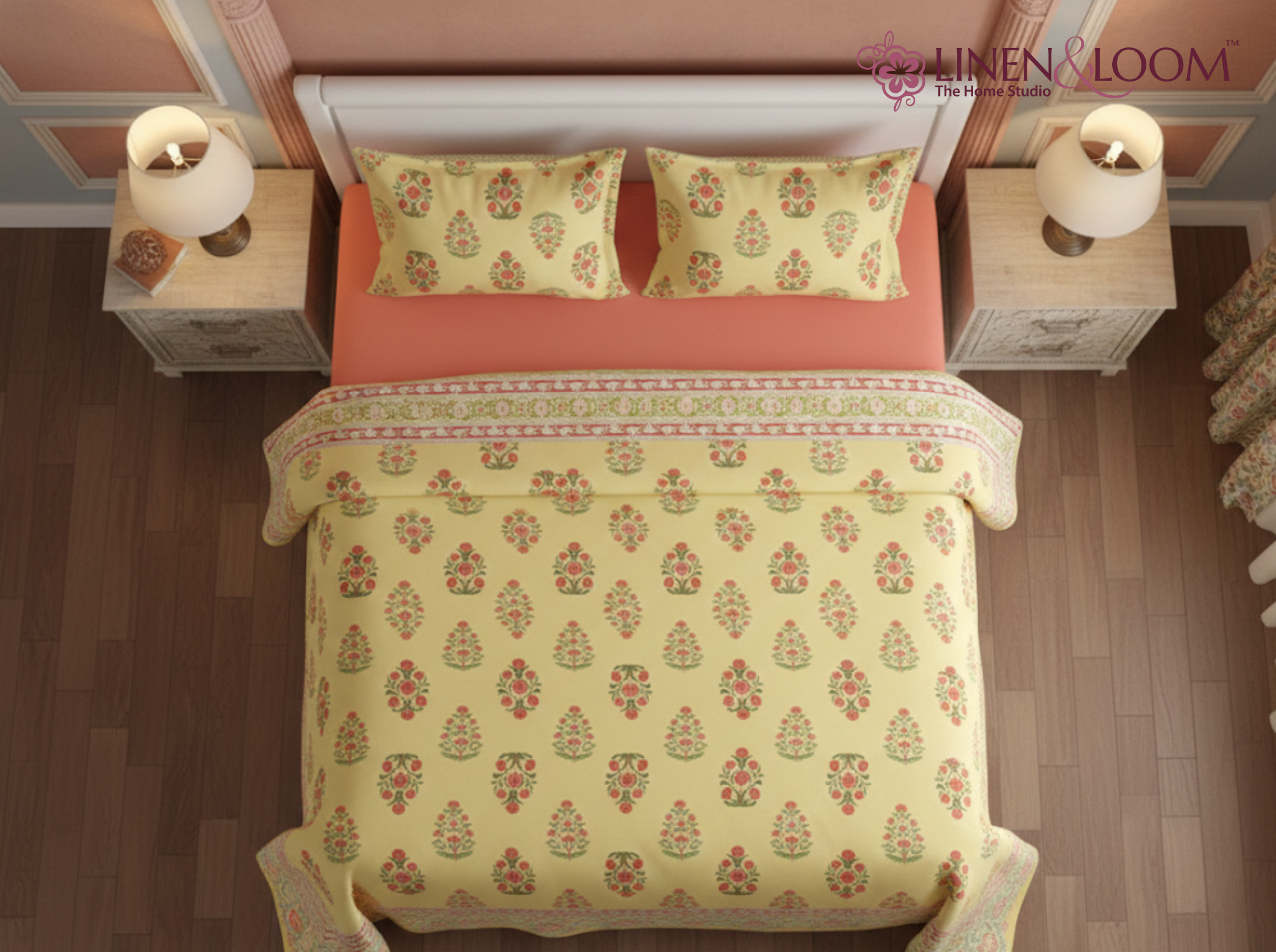 Gulshan Royale-Yellow — Linen & Loom Maharani Motifs Premium 100% Pure Cotton King Size (90x108) Double Bed Bedsheet with 2 Pillow Covers || Floral Printed Elegant Bedroom Bedding Set || 240 TC