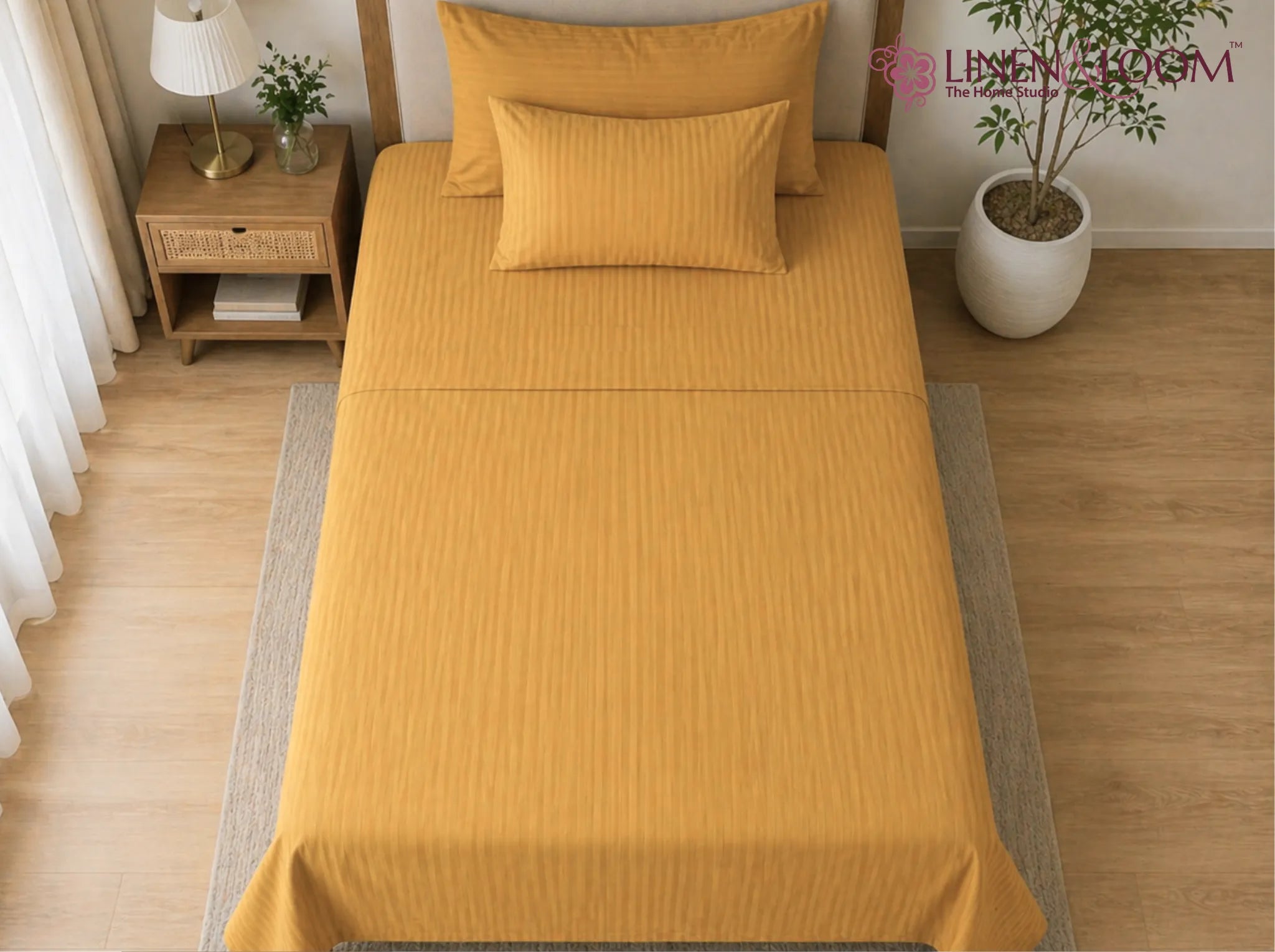 Yellow - Linen & Loom Elegance Series (60x90 inches) Bedsheet with 1 Pillow Cover | Luxury Striped Cotton Blend Bedsheet Set | Soft, Breathable & Hotel-Style Finish | TC 200