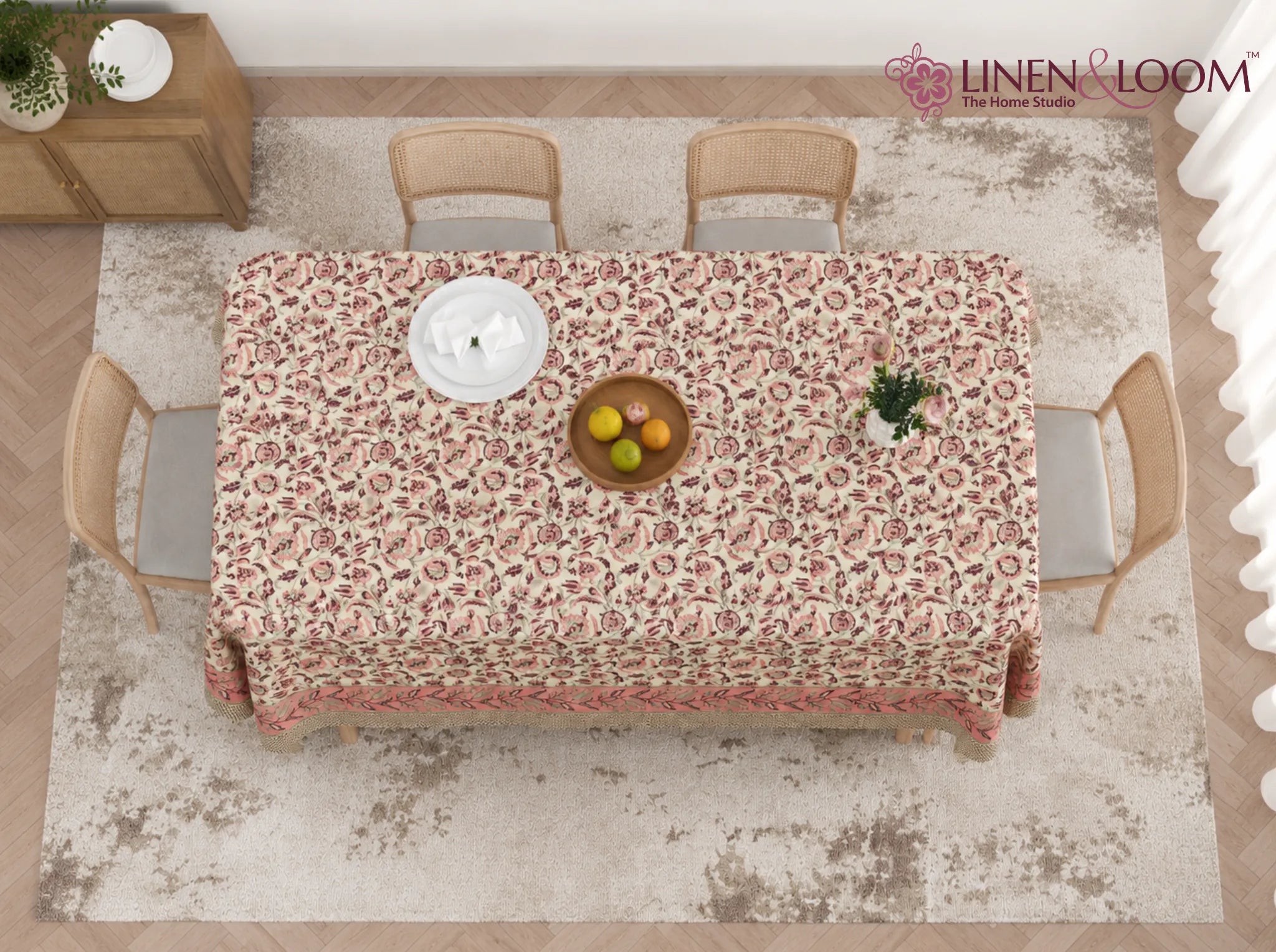 Blossom Trellis - Linen & Loom Rajwada Heritage 6-Seater Table Cover | 100% Premium Cotton Slub | 200 TC | 160 GSM | 1.5 x 2.25 Meters