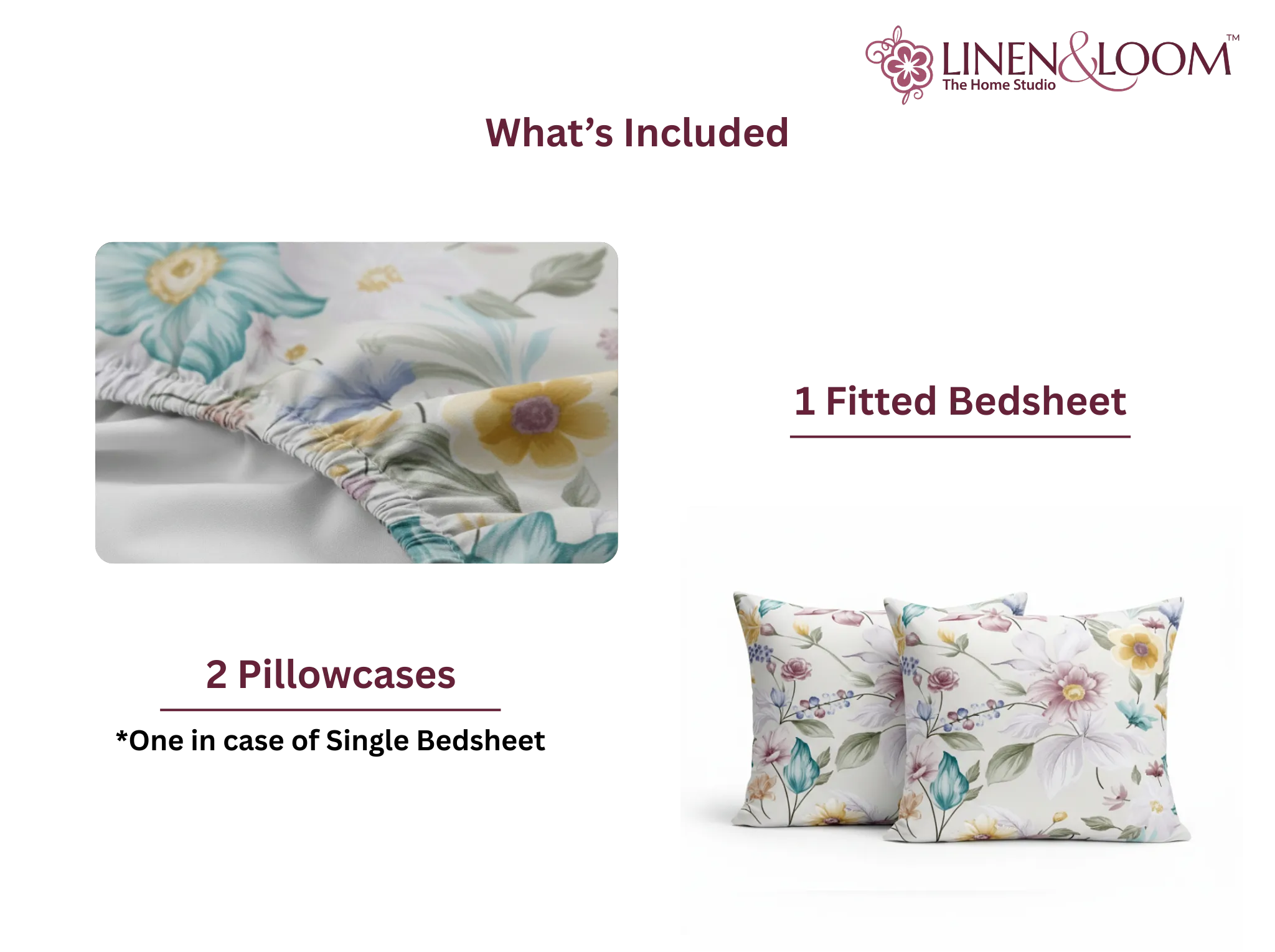 Spring Bloom - Linen & Loom Pure Comfort Series 360° Elastic Fitted Bedsheet | Soft and Comfortable Bed Linen Set for a Cozy Bedroom | 200 TC | King Size 72x78 inches + 9 inches