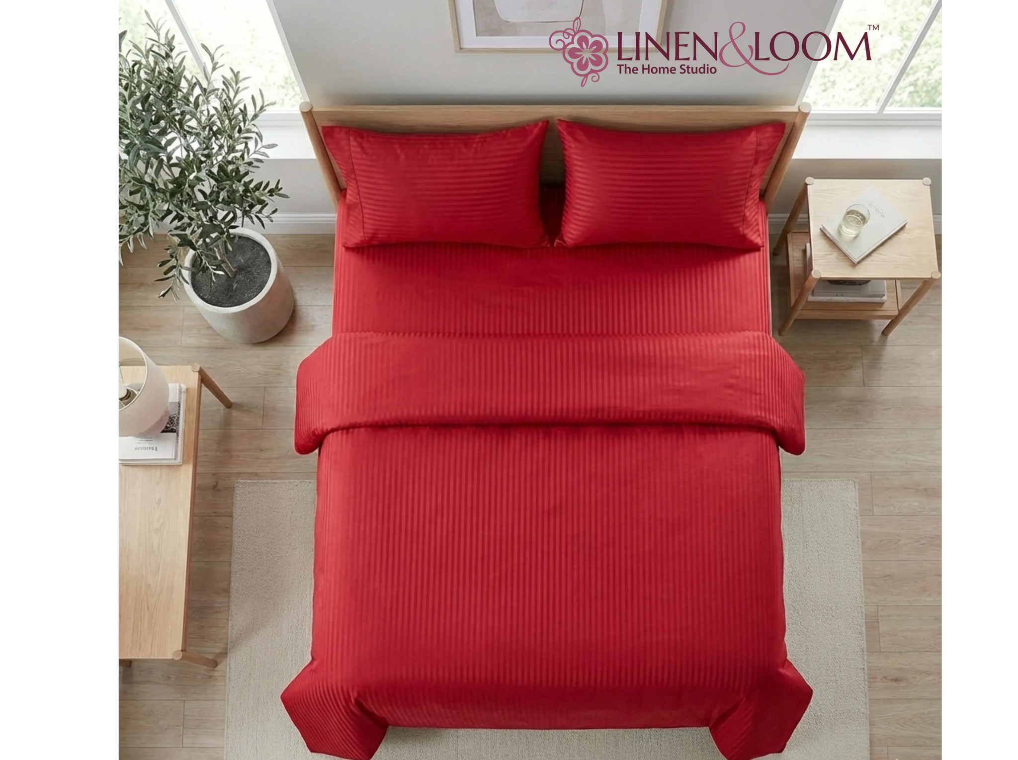 Bright Red - Linen & Loom Elegance Series King Size Bedsheet (90 x 100 Inches) with 2 Pillow Covers | Luxury Striped Cotton Blend | 200 TC | Soft, Breathable & Hotel-Style Finish